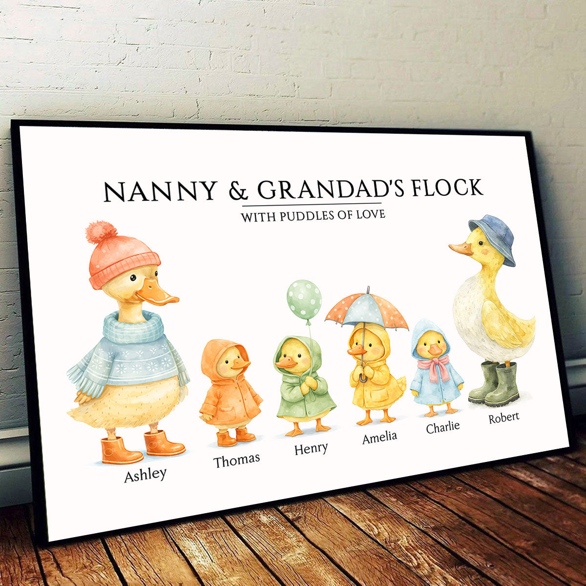 Nanny & Granddad's Flock with Puddles of Love - Personalised Poster - Gift for Grandparents