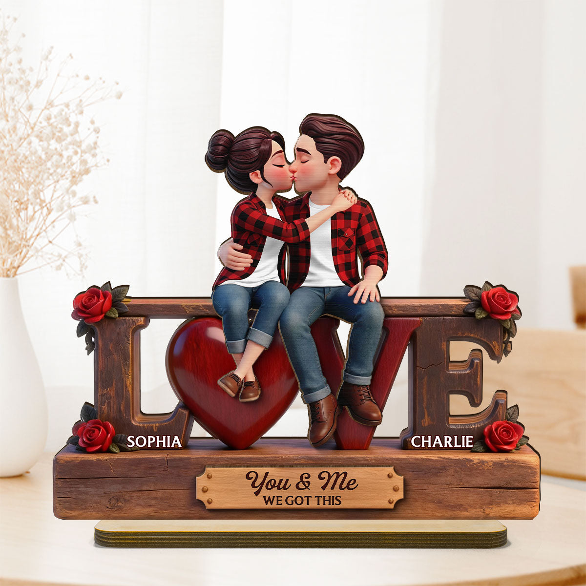 Eternal Rose LOVE Couple Forever Together - Personalized 2-Layered Wooden Plaque - Heartfelt Gift For Couple, For Him, For Her