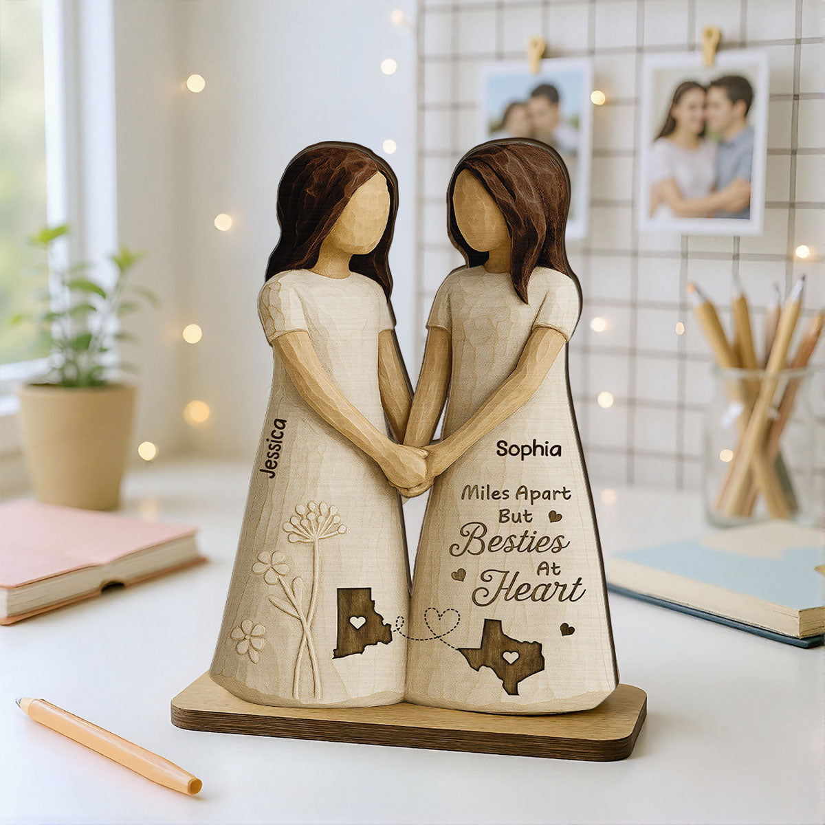 Miles Apart Besties At Heart 3D Effect Personalized Standing Wooden Plaque, Birthday Gift, Long Distance Friendship Gift for Best Friends