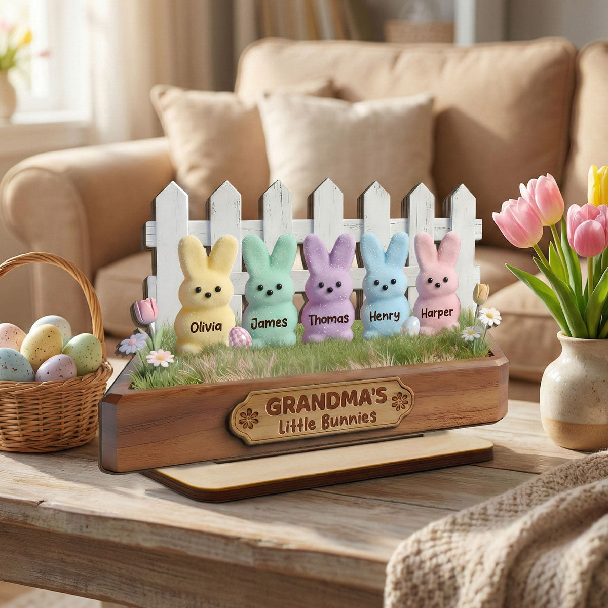 Happy Easter Grandma Little Bunnies - Personalized 2-Layered Wooden Plaque - Easter Gift For Grandma, Easter Decoration
