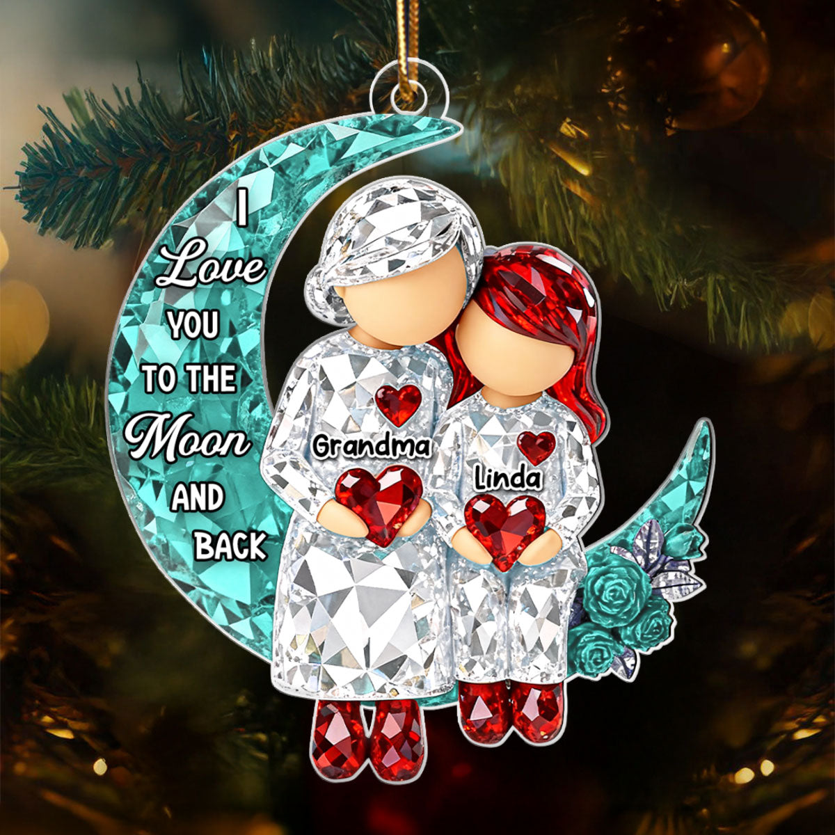 3D Crystal Effect Grandma Grandpa Grandkid Sitting on Moon  - Personalized Acrylic Ornament - Christmas Gift for Grandma, Grandkids