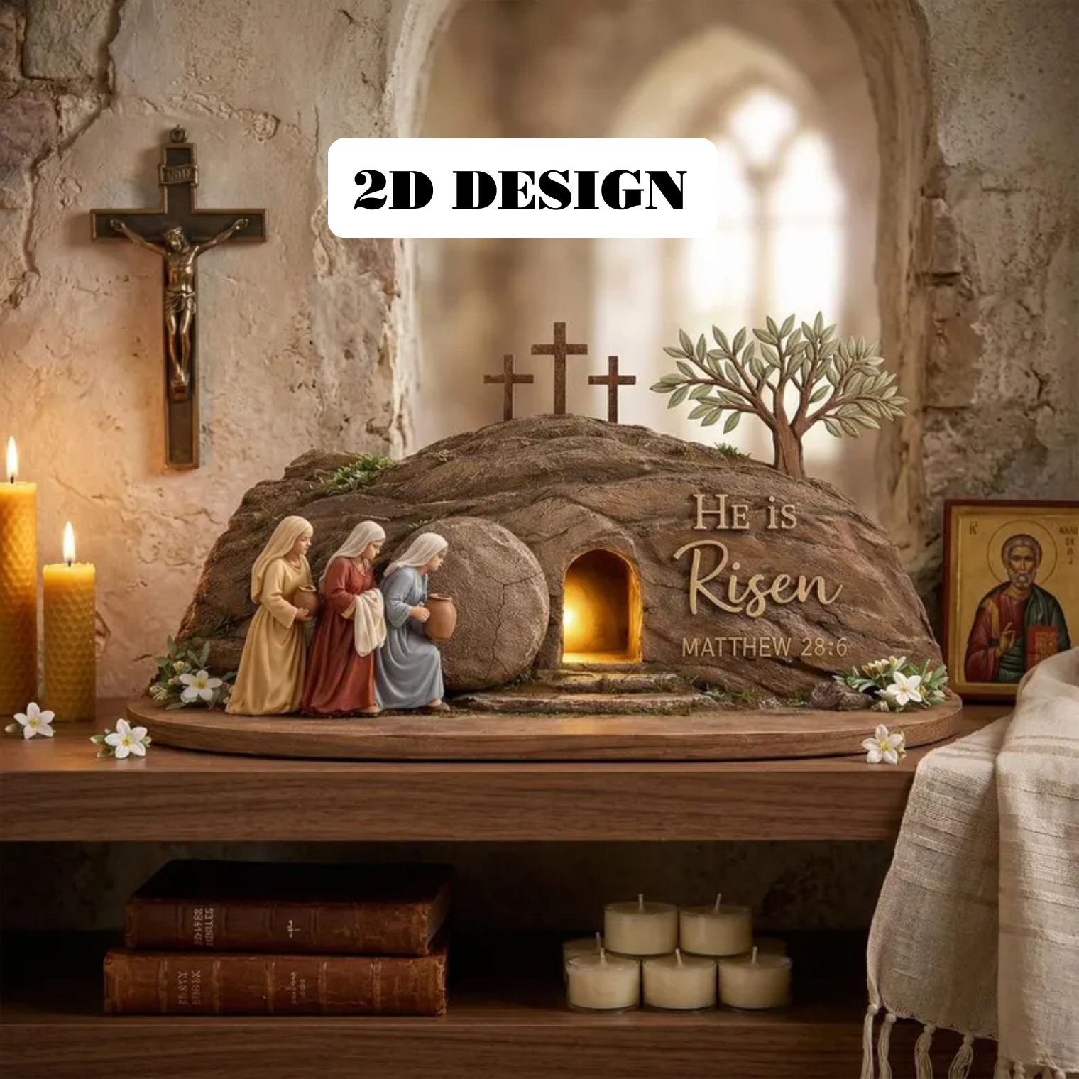4 Layers Empty Tomb Easter Wooden Display – He Is Risen Cross Shelf Sign