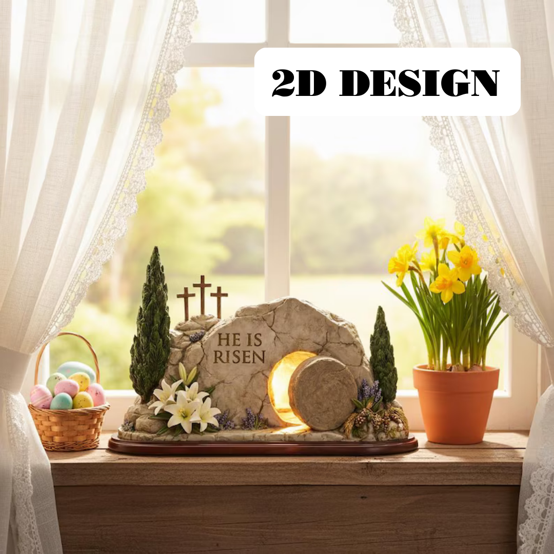 He Is Risen Empty Tomb flat 2D Wooden Block, Resurrection Scene, Religious Easter Gift