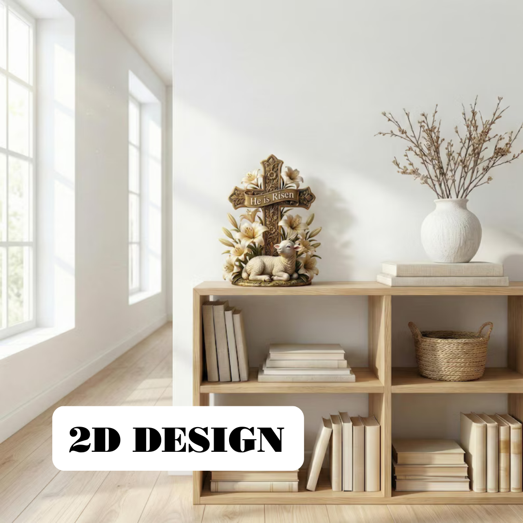 He Is Risen Easter Cross Statue with Lamb & Lily flat 2D Wooden Block - Resurrection Scene Christian Figurine - Pastor Gift.