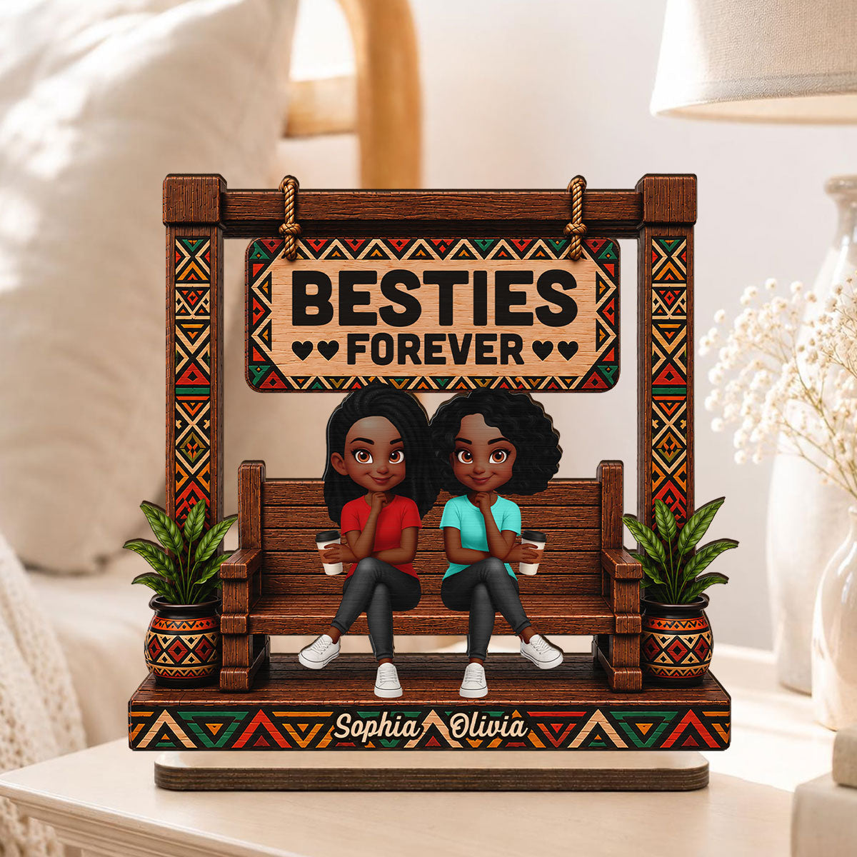 Tribal Patterns Besties Forever - Personalized 2-Layered Wooden Plaque - Birthday Gift, Gift For Best Friends