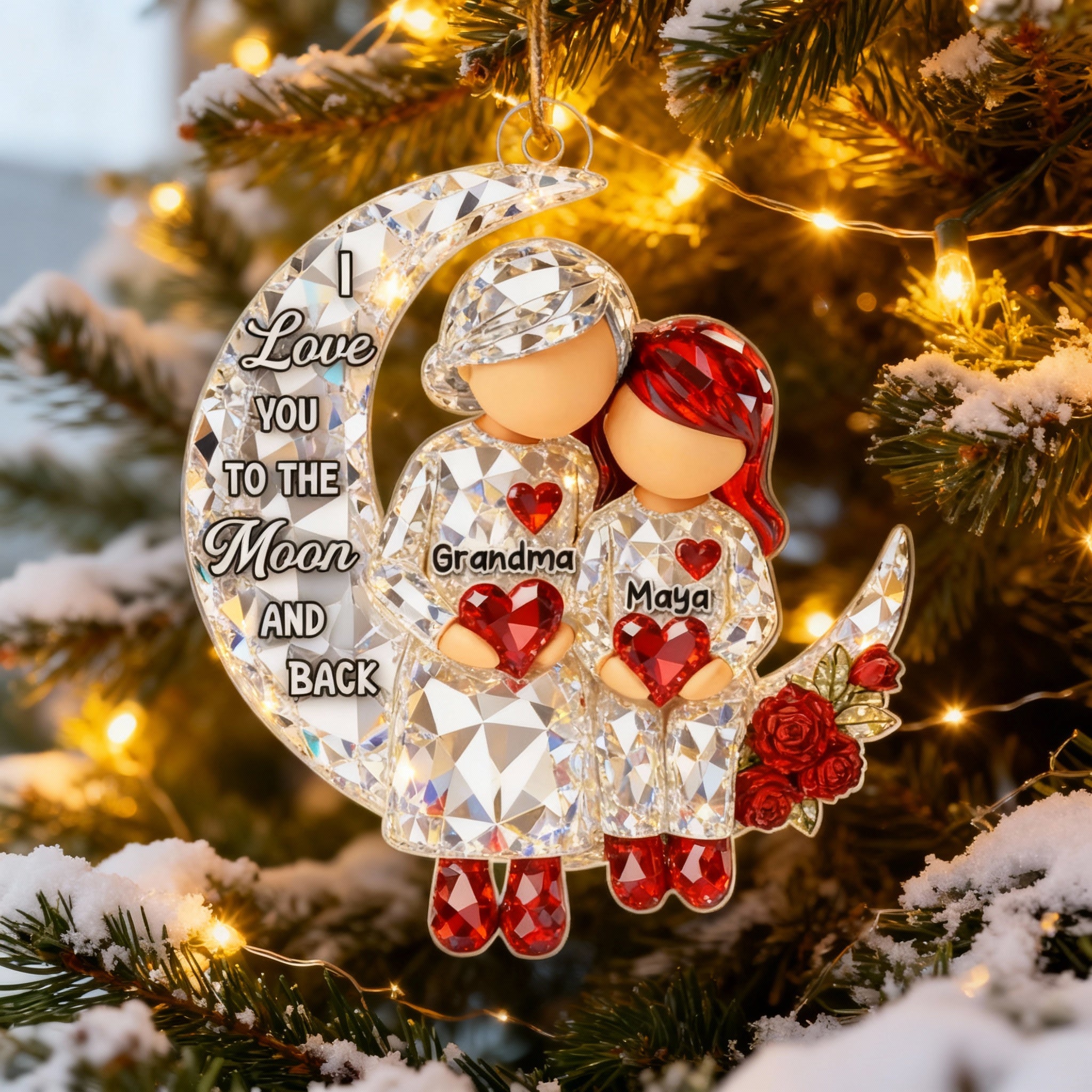 3D Crystal Effect Grandma Grandpa Grandkid Sitting on Moon  - Personalized Acrylic Ornament - Christmas Gift for Grandma, Grandkids
