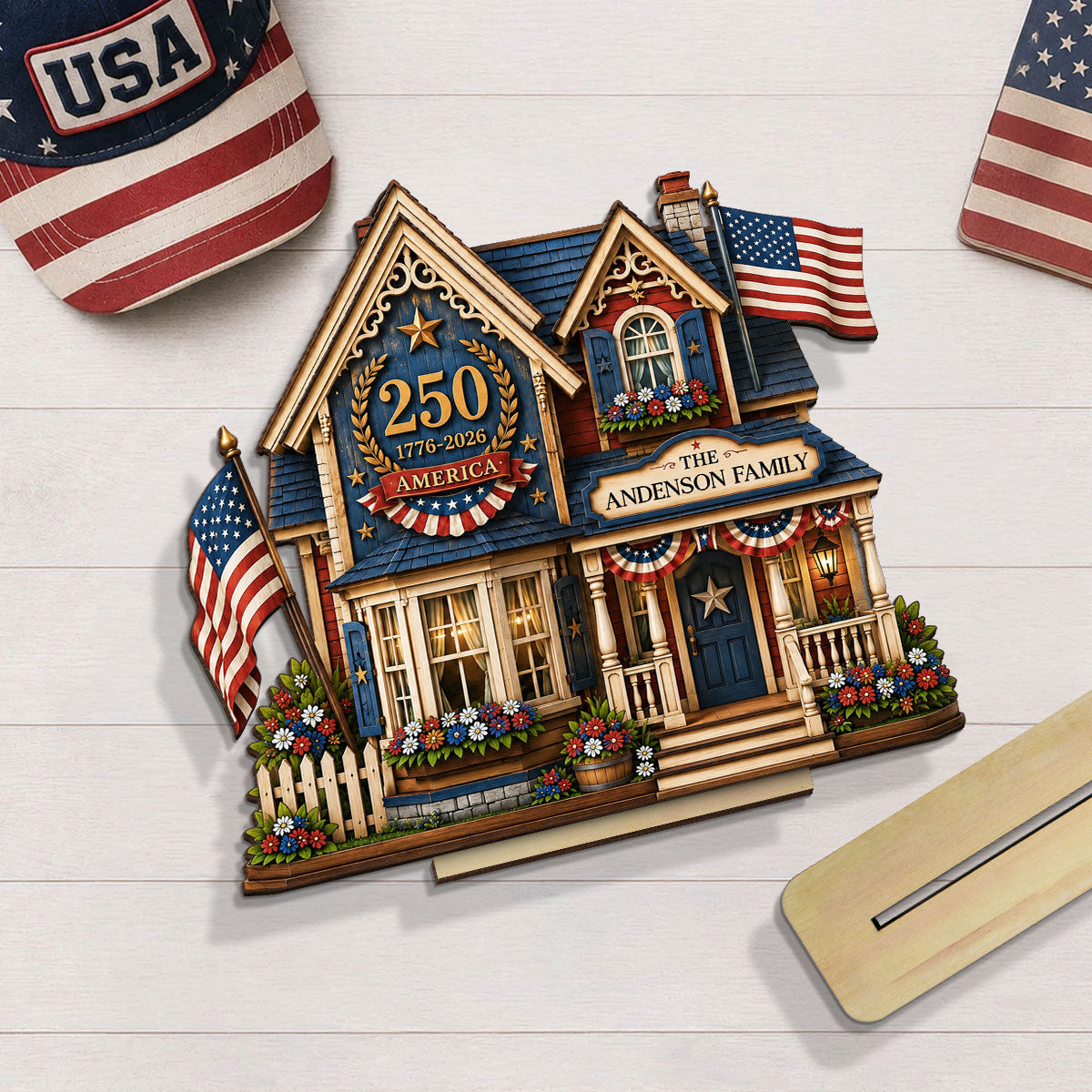 Custom House USA 250th Anniversary - Personalized 2-Layered Wooden Plaque - Patriotic Shelf Decor for Independence Day