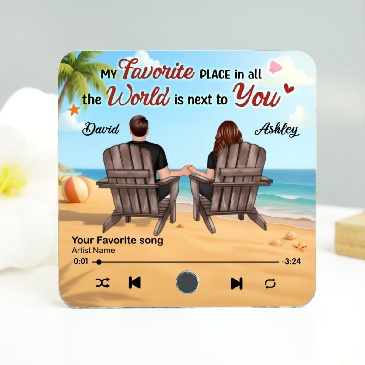 My Favorite Place in All the World is Next to You, Summer Couple Sitting Back View Personalized Music Fridge Magnet