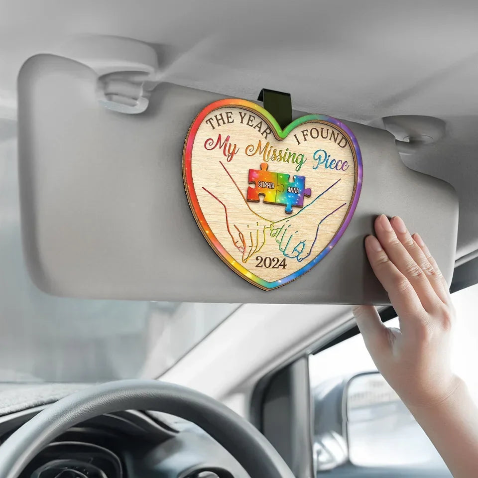 The Year I Found My Missing Piece - Couple Personalized Custom Car Visor Clip - Gift For Husband Wife, Anniversary, LGBTQ+
