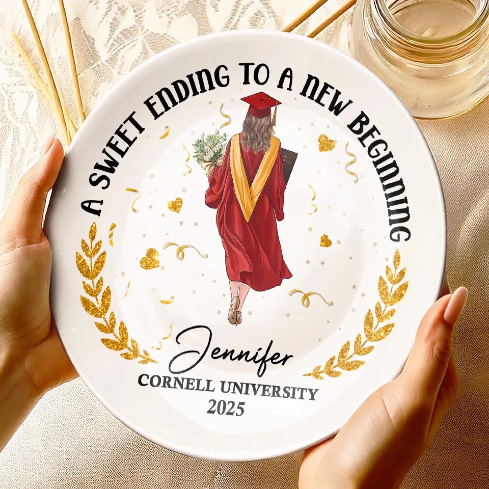 A Sweet Ending To A New Beginning - Family Personalized Custom Ceramic Plate - Graduation Gift For Family Members, Siblings, Brothers, Sisters