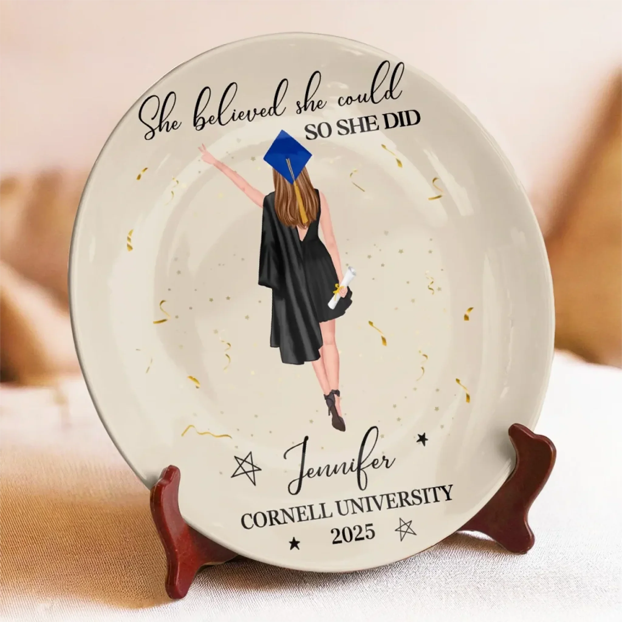 She Believed, She Achieved - Family Personalized Custom Ceramic Plate - Graduation Gift For Family Members, Siblings, Brothers, Sisters
