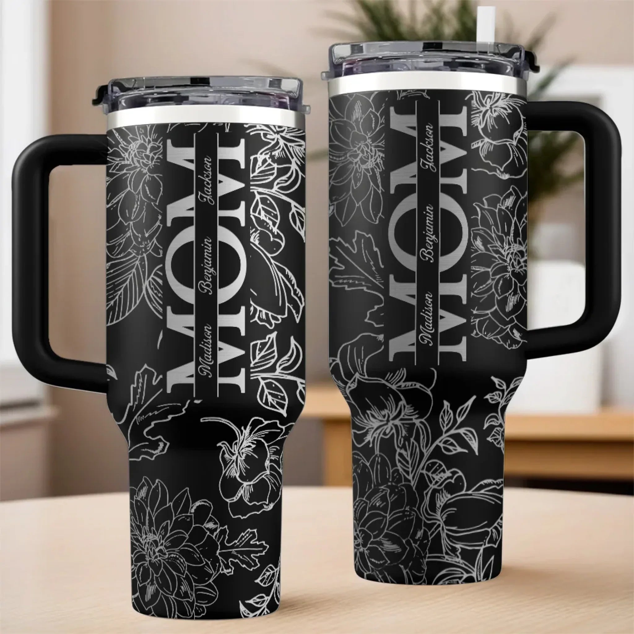 Every Sip, A Reminder Of Her Love - Family Personalized Custom Engraved 40oz Tumbler With Handle - Mother's Day, Gift For Mom, Grandma