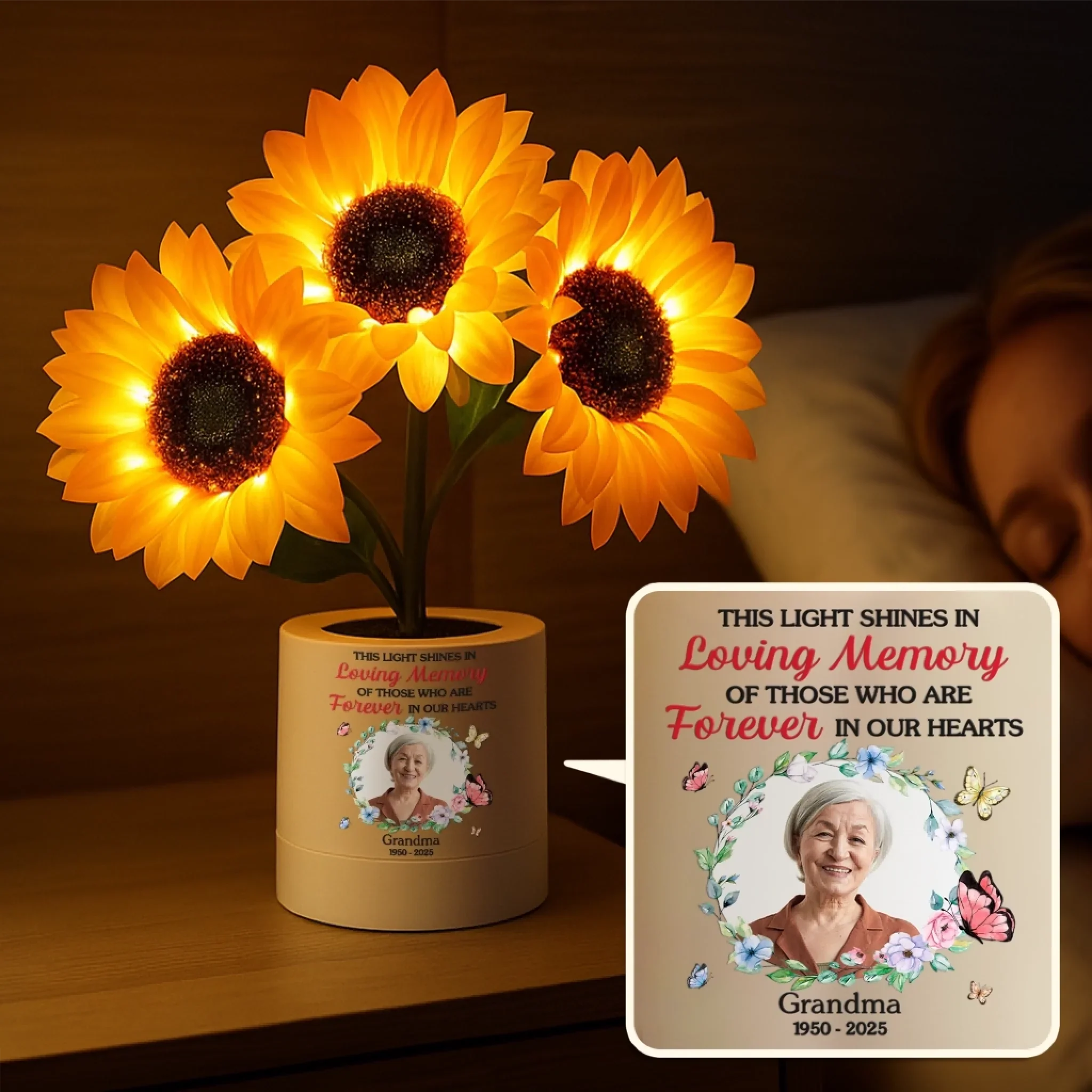 Custom Photo Sunflower Lamp Night Light - Personalized Memorial Sympathy Gifts For Loss Of Mom, Dad - Light Up The Memories