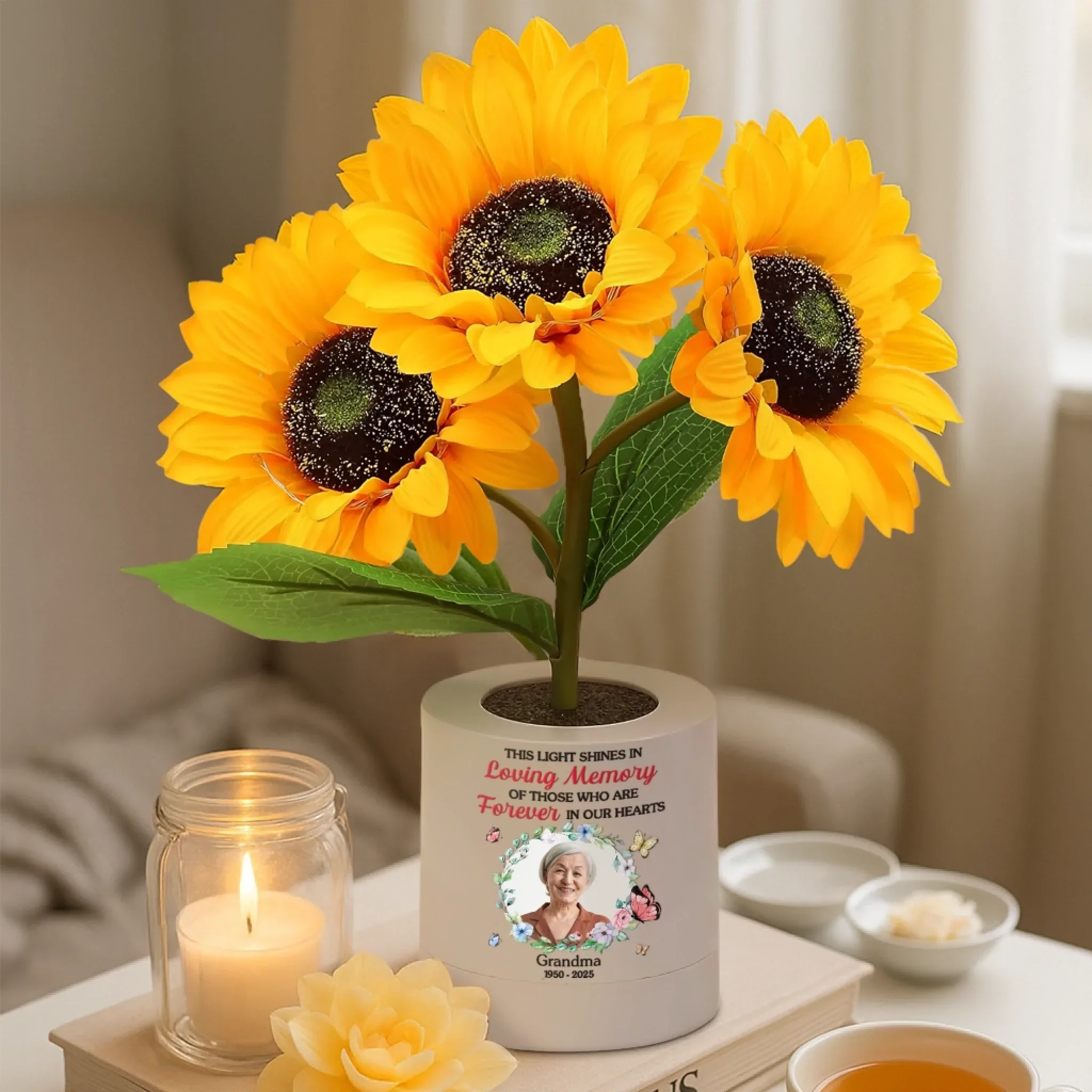 Custom Photo Sunflower Lamp Night Light - Personalized Memorial Sympathy Gifts For Loss Of Mom, Dad - Light Up The Memories