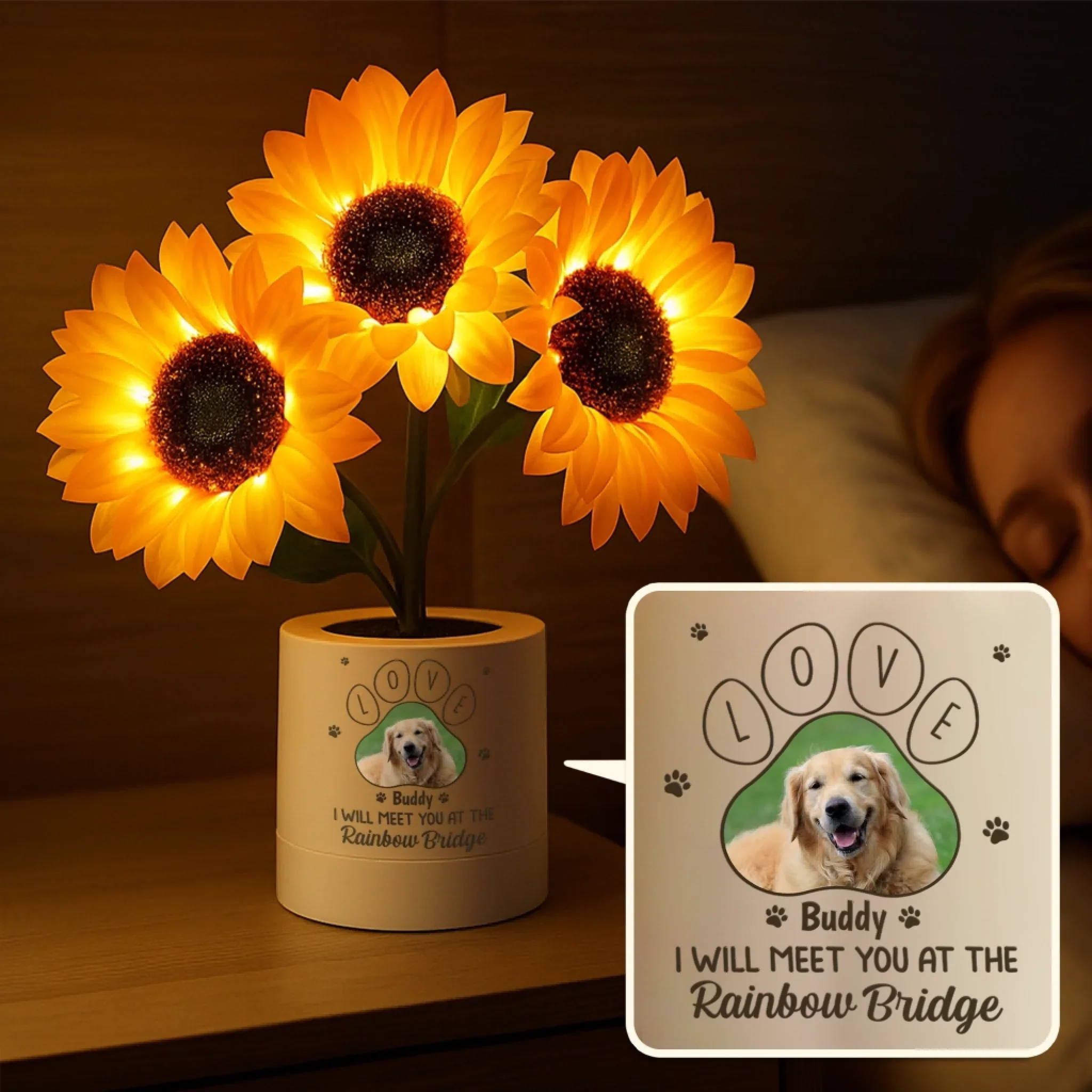 Custom Photo Sunflower Lamp Night Light - Personalized Pet Memorial Gifts For Dogs, Cats - I Will Meet You At The Rainbow Bridge
