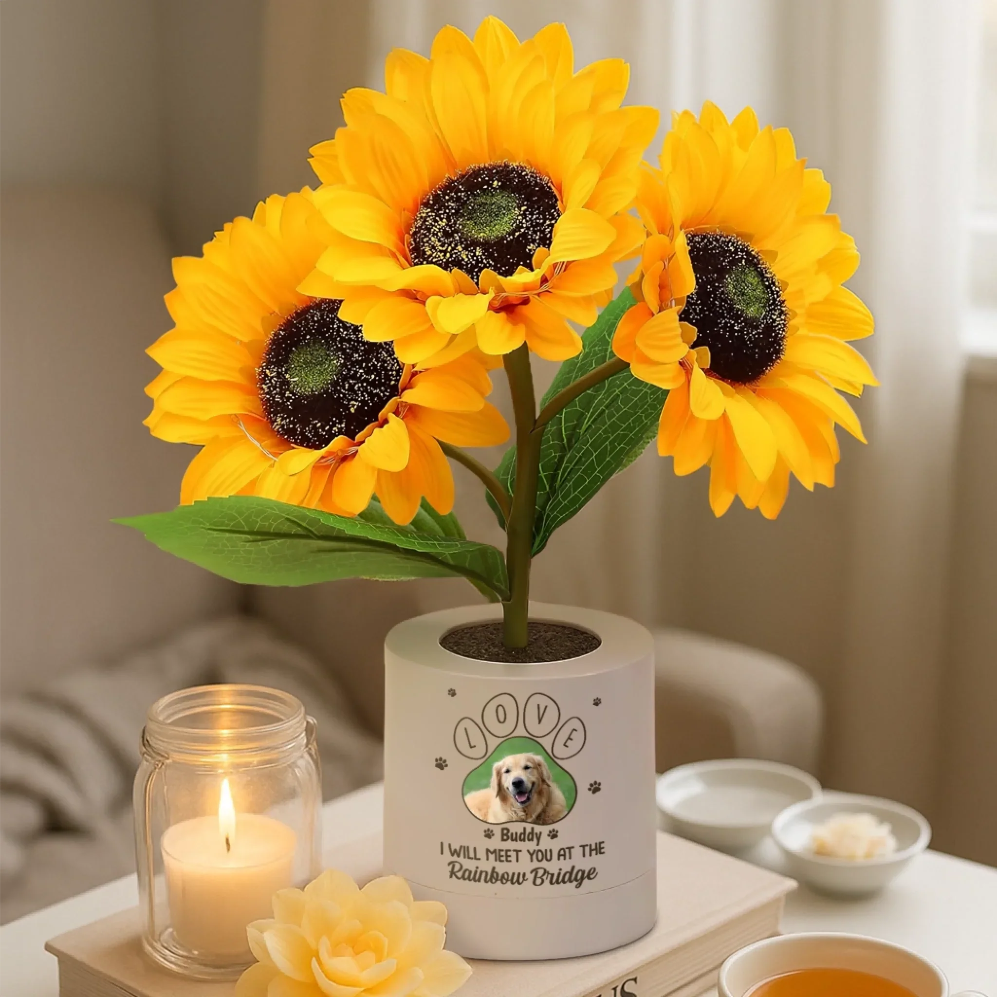 Custom Photo Sunflower Lamp Night Light - Personalized Pet Memorial Gifts For Dogs, Cats - I Will Meet You At The Rainbow Bridge