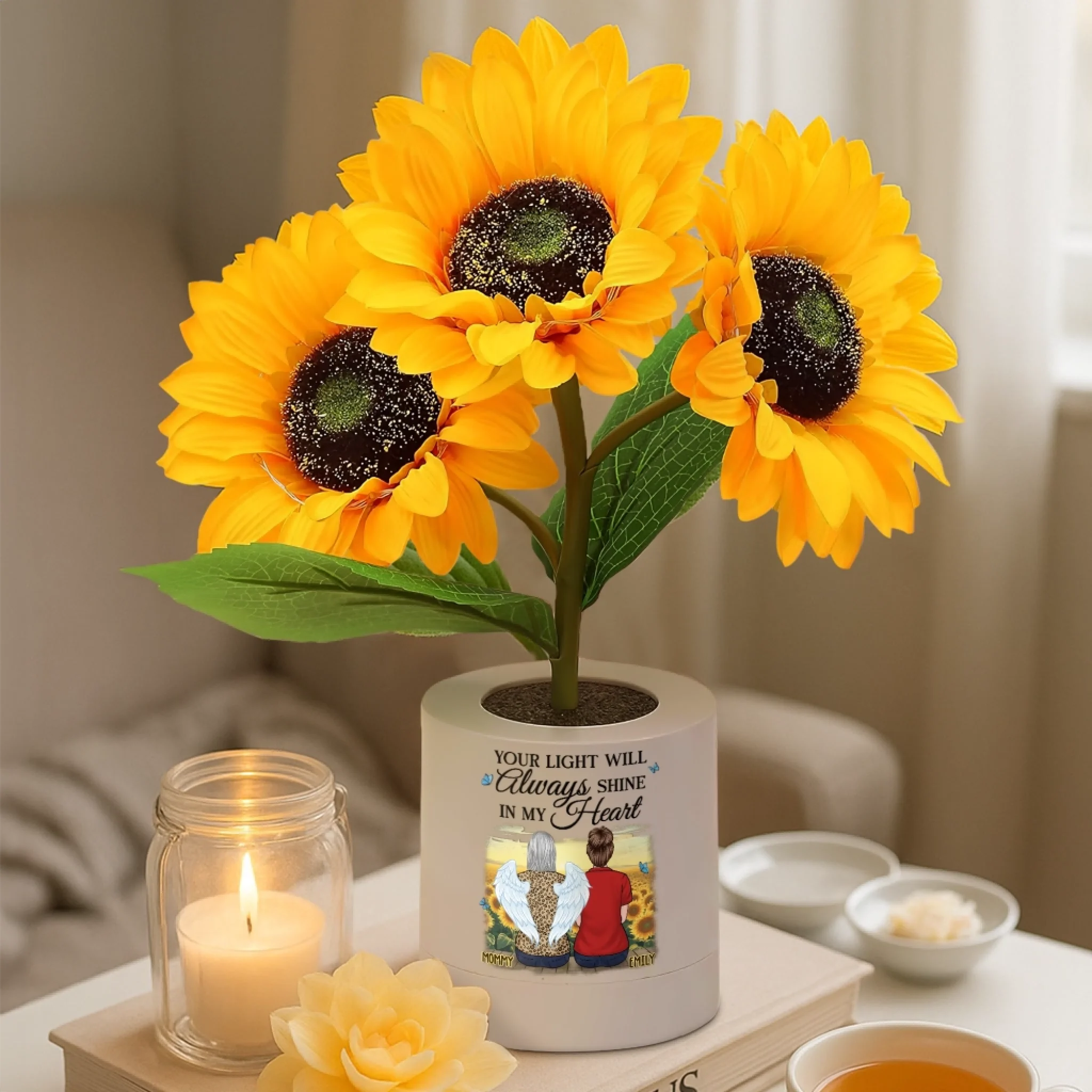 Custom Sunflower Lamp Night Light - Personalized Memorial Sympathy Gifts For Loss Of Mom, Dad - Memories Shine Through Every Darkness