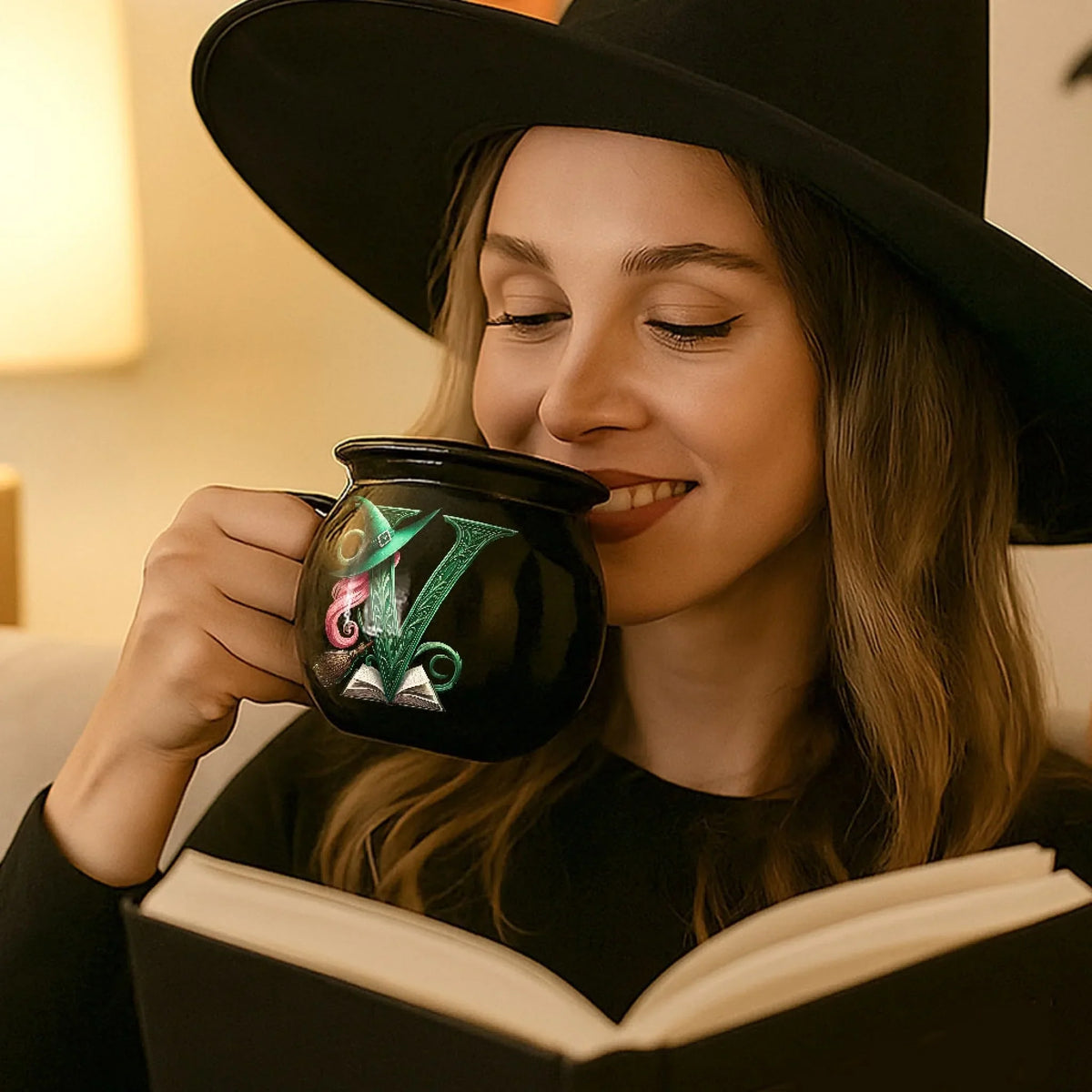 Custom 12oz Ceramic Cauldron Coffee Mug - Personalized Halloween Witchy Gifts For Besties, Sisters, BFF, Family, Yourself - Just A Witch, Sipping On Trouble