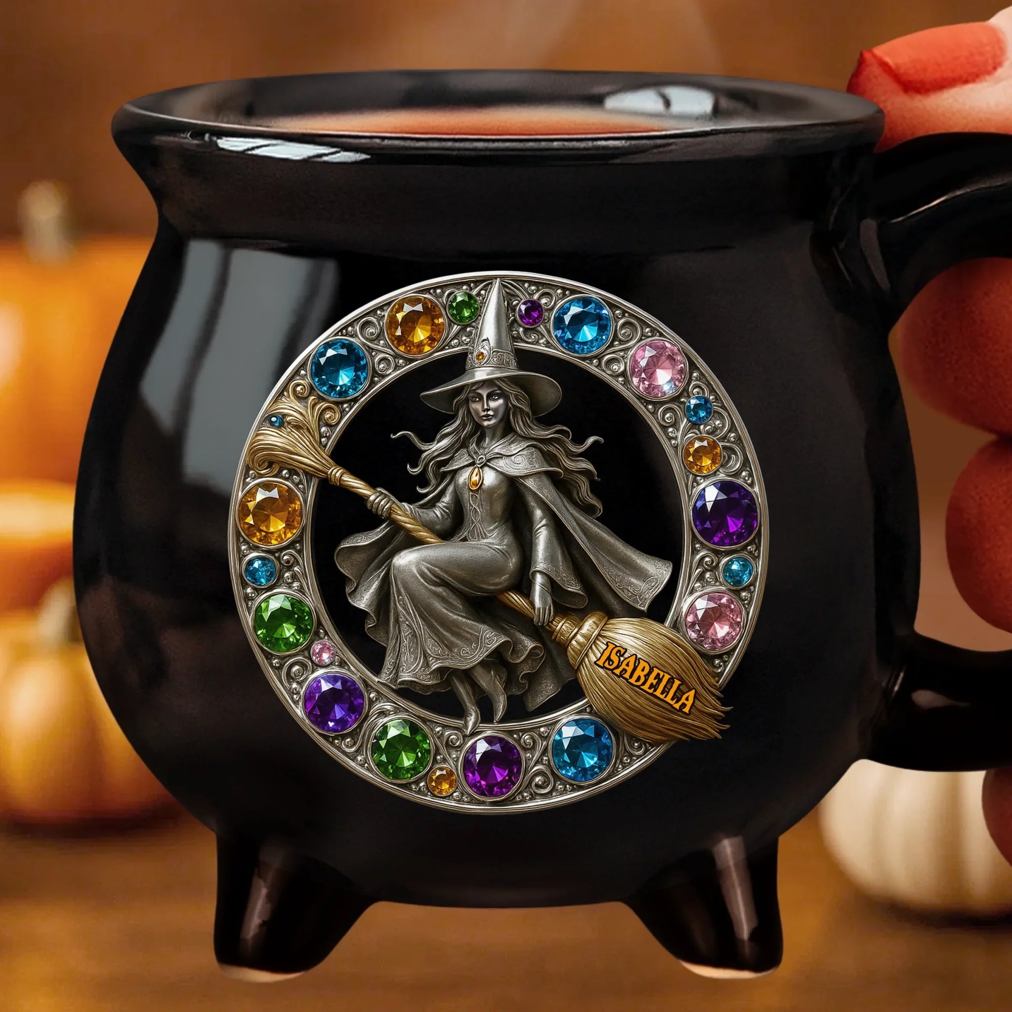 Custom 12oz Ceramic Cauldron Coffee Mug - Personalized Halloween Witchy Gifts For Besties, Sisters, BFF, Family, Yourself - The Bejeweled Witch