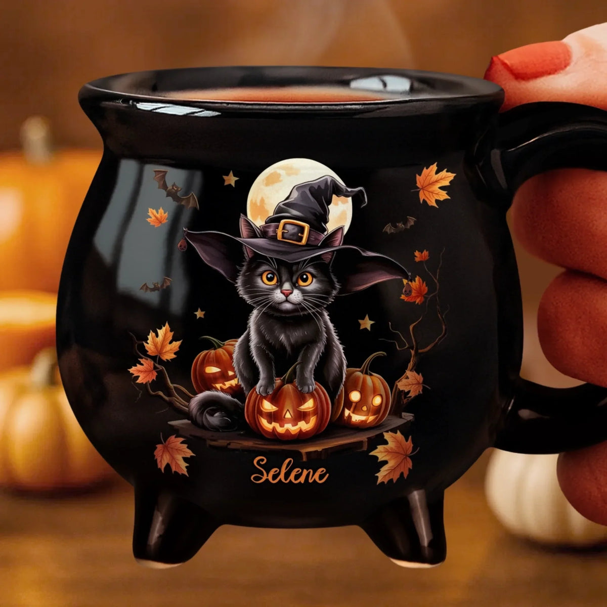 Custom 12oz Ceramic Cauldron Coffee Mug - Personalized Halloween Witchy Gifts For Besties, Sisters, BFF, Family, Yourself - Purrfectly Spooky