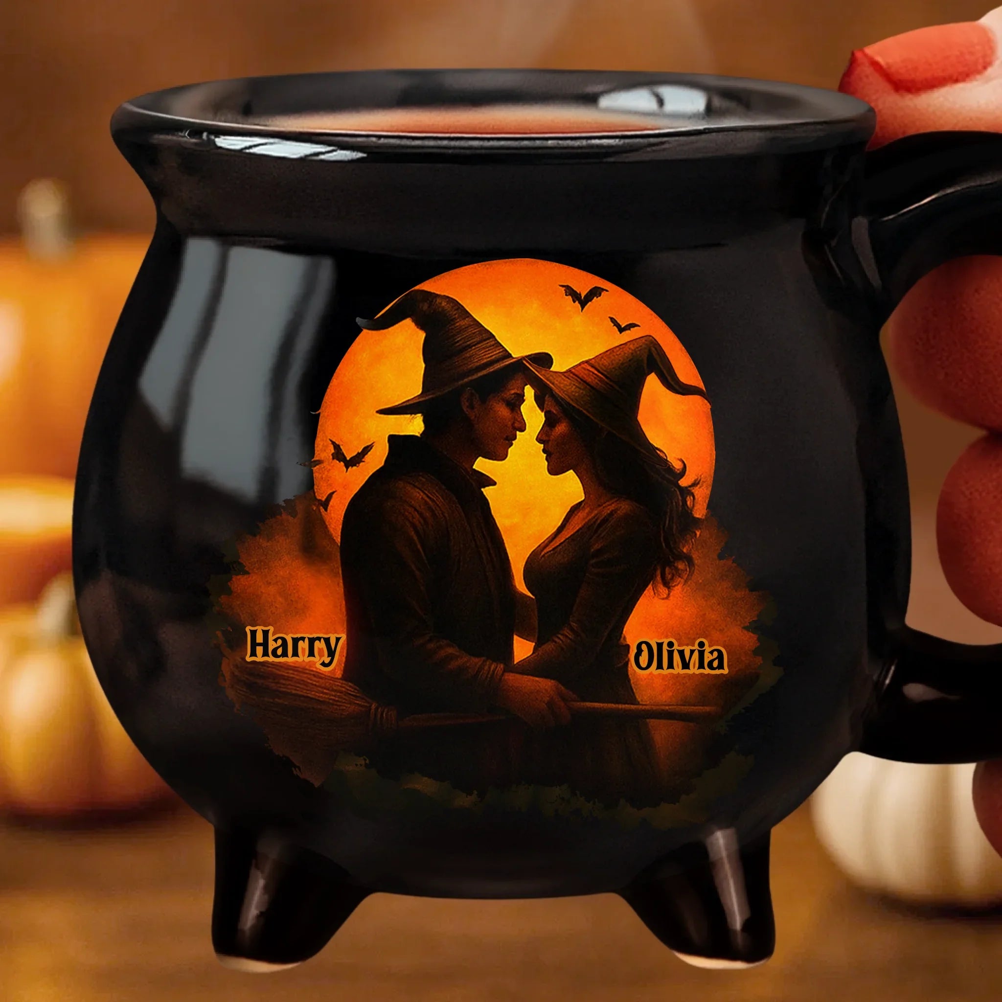 Custom Witch Cauldron Coffee Mug - Personalized Anniversary Halloween Witchy Gifts For Husband And Wife, Him And Her - Two Souls One Magic