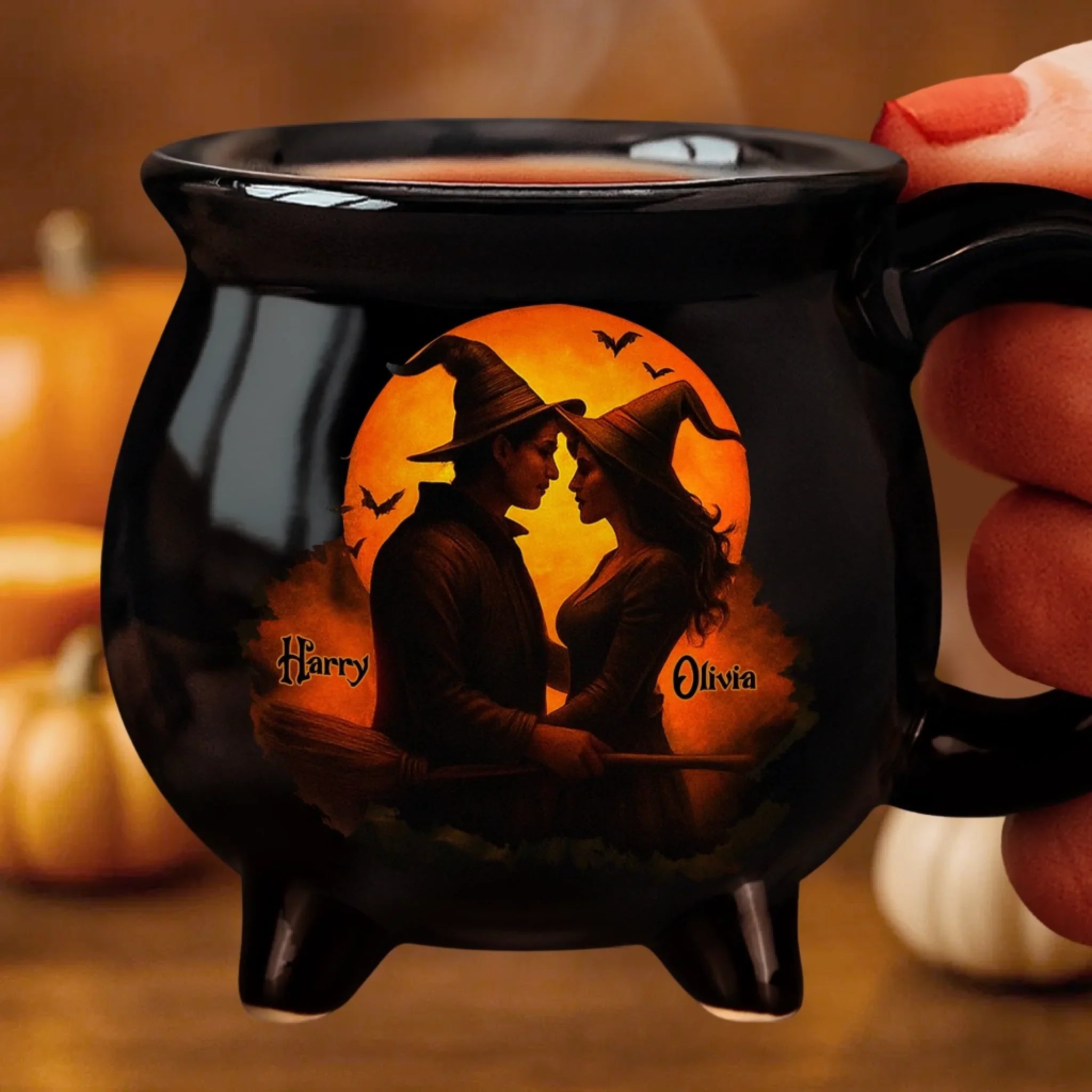 Custom Witch Cauldron Coffee Mug - Personalized Anniversary Halloween Witchy Gifts For Husband And Wife, Him And Her - Two Souls One Magic