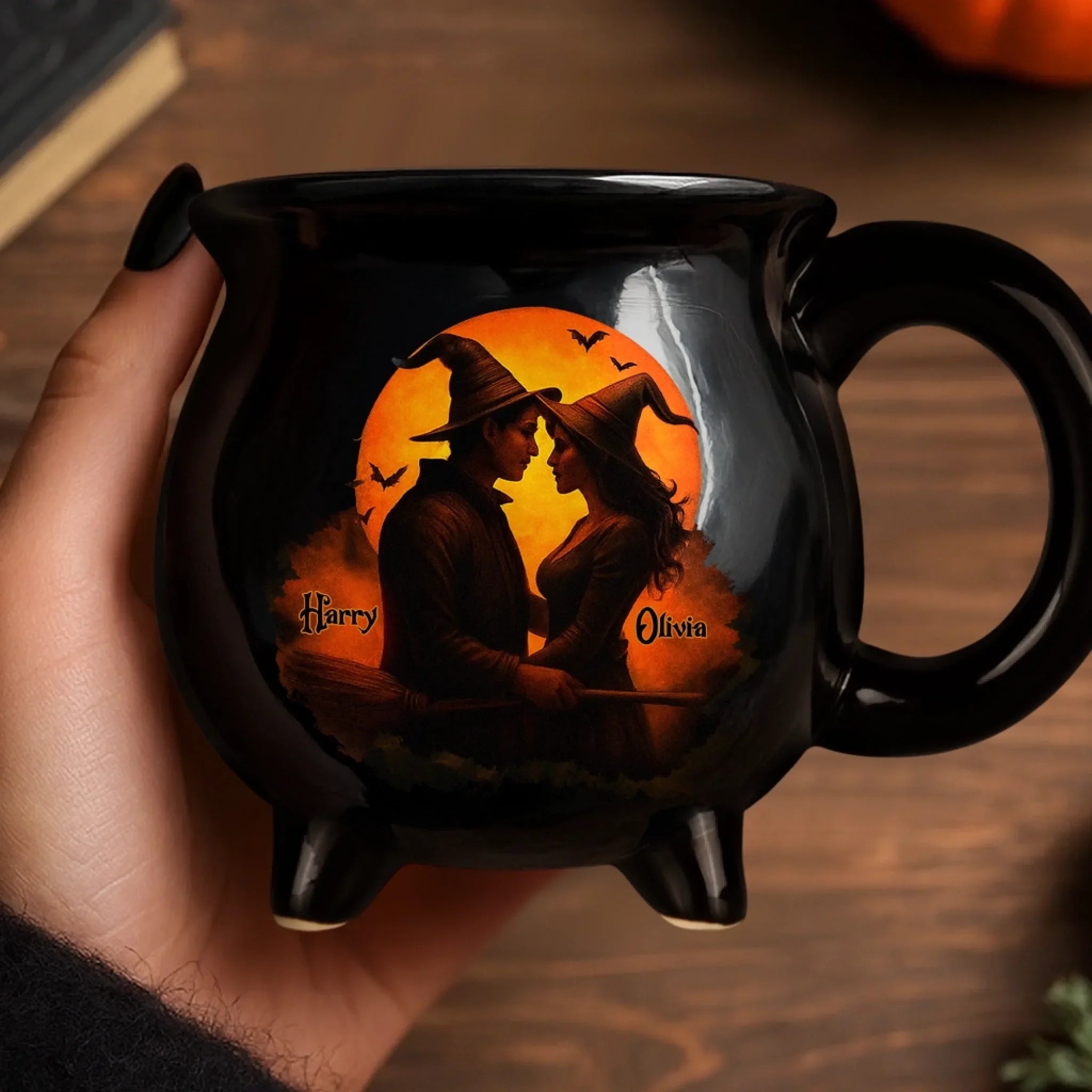 Custom Witch Cauldron Coffee Mug - Personalized Anniversary Halloween Witchy Gifts For Husband And Wife, Him And Her - Two Souls One Magic