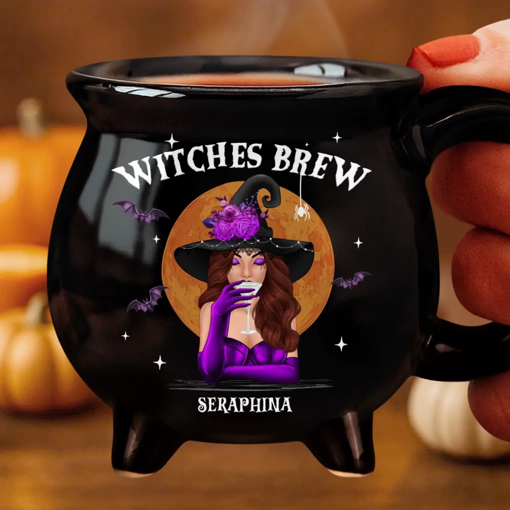 Custom 12oz Ceramic Cauldron Coffee Mug - Personalized Halloween Witchy Gifts For Besties, Sisters, BFF, Family, Yourself - She Drinks Like A Queen, But Hexes Like A Goddess