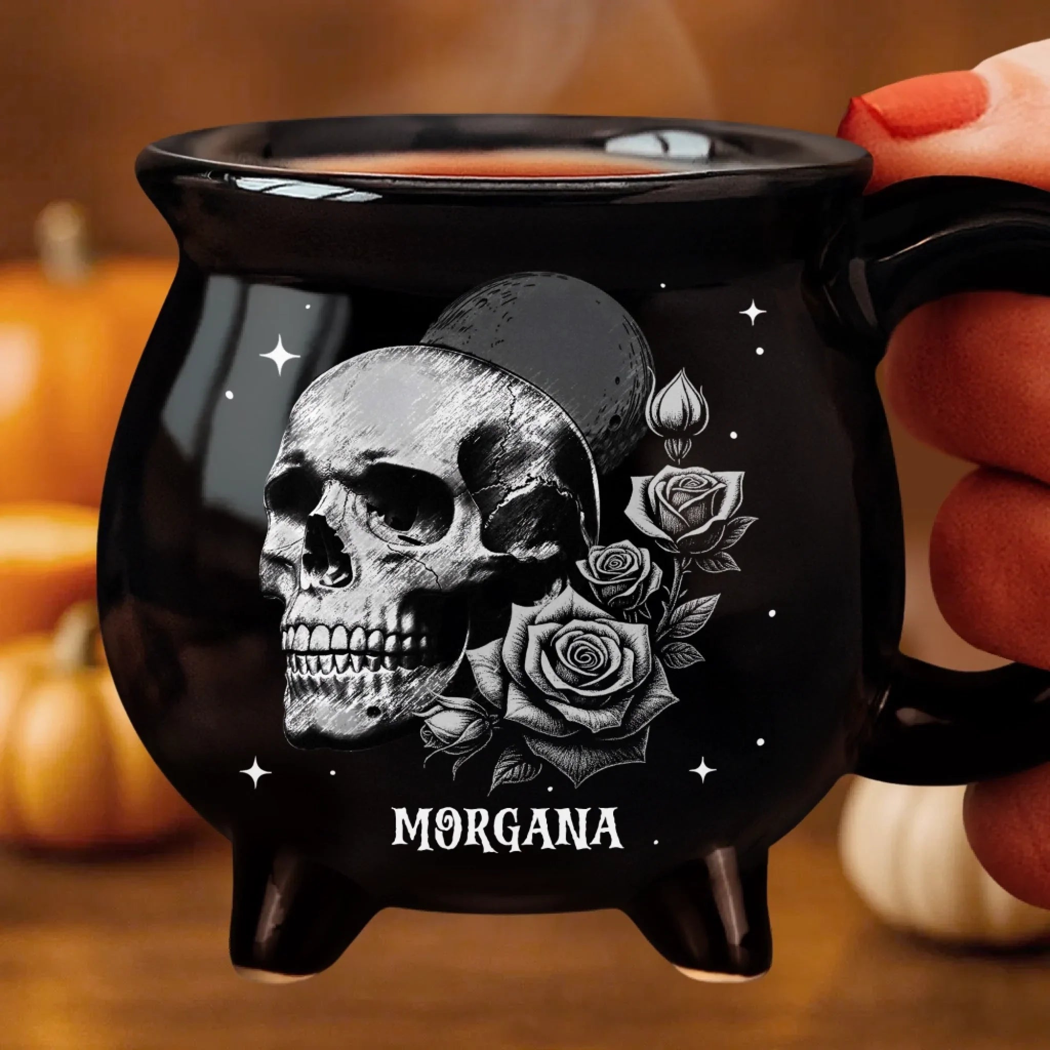 Custom 12oz Ceramic Cauldron Coffee Mug - Personalized Halloween Witchy Gifts For Besties, Sisters, BFF, Family, Yourself - Roses And Skulls,  Beauty In The Shadows