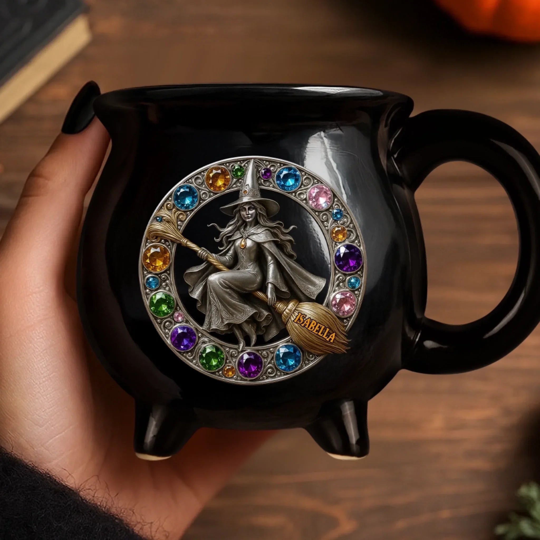 Custom 12oz Ceramic Cauldron Coffee Mug - Personalized Halloween Witchy Gifts For Besties, Sisters, BFF, Family, Yourself - The Bejeweled Witch