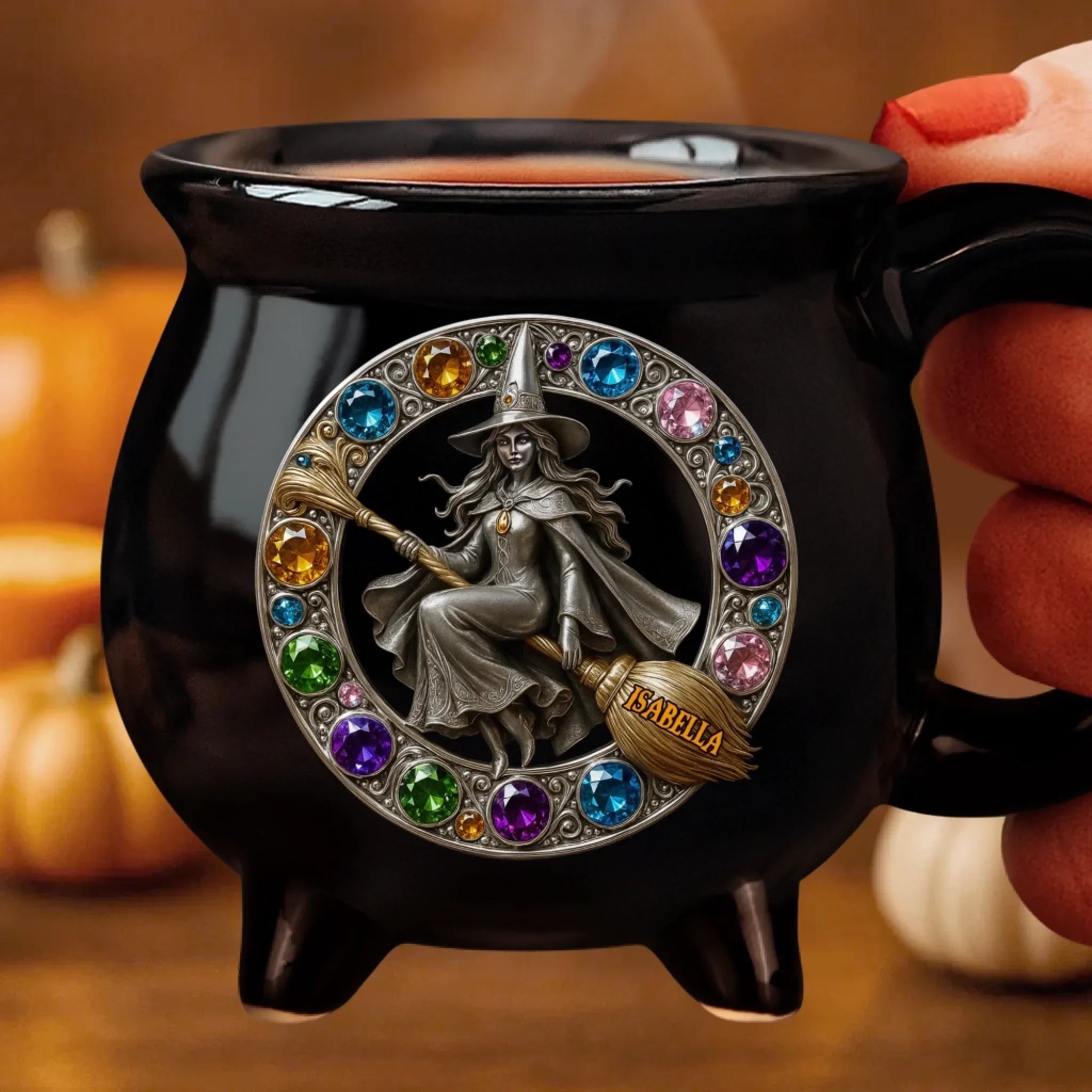 Custom 12oz Ceramic Cauldron Coffee Mug - Personalized Halloween Witchy Gifts For Besties, Sisters, BFF, Family, Yourself - The Bejeweled Witch