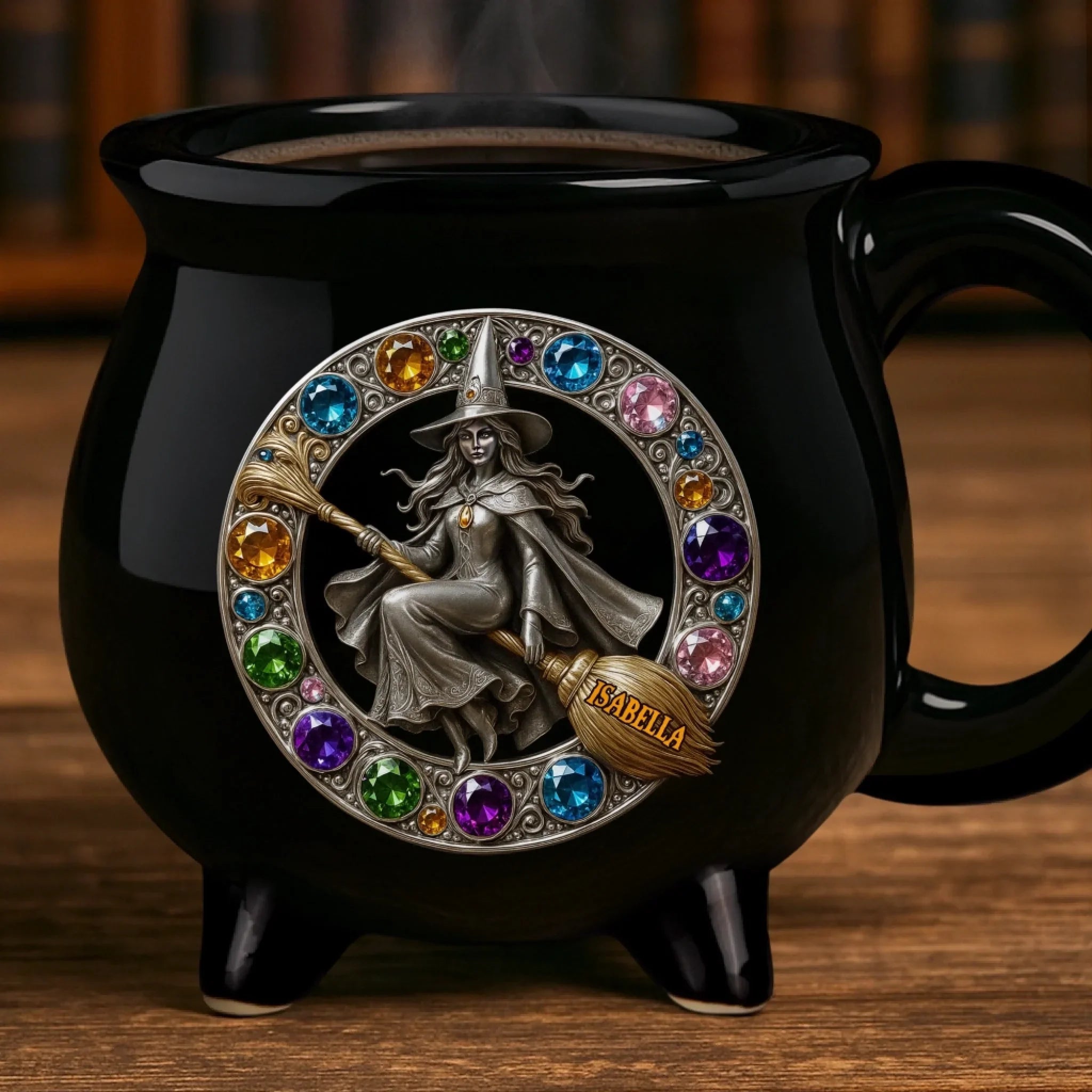 Custom 12oz Ceramic Cauldron Coffee Mug - Personalized Halloween Witchy Gifts For Besties, Sisters, BFF, Family, Yourself - The Bejeweled Witch