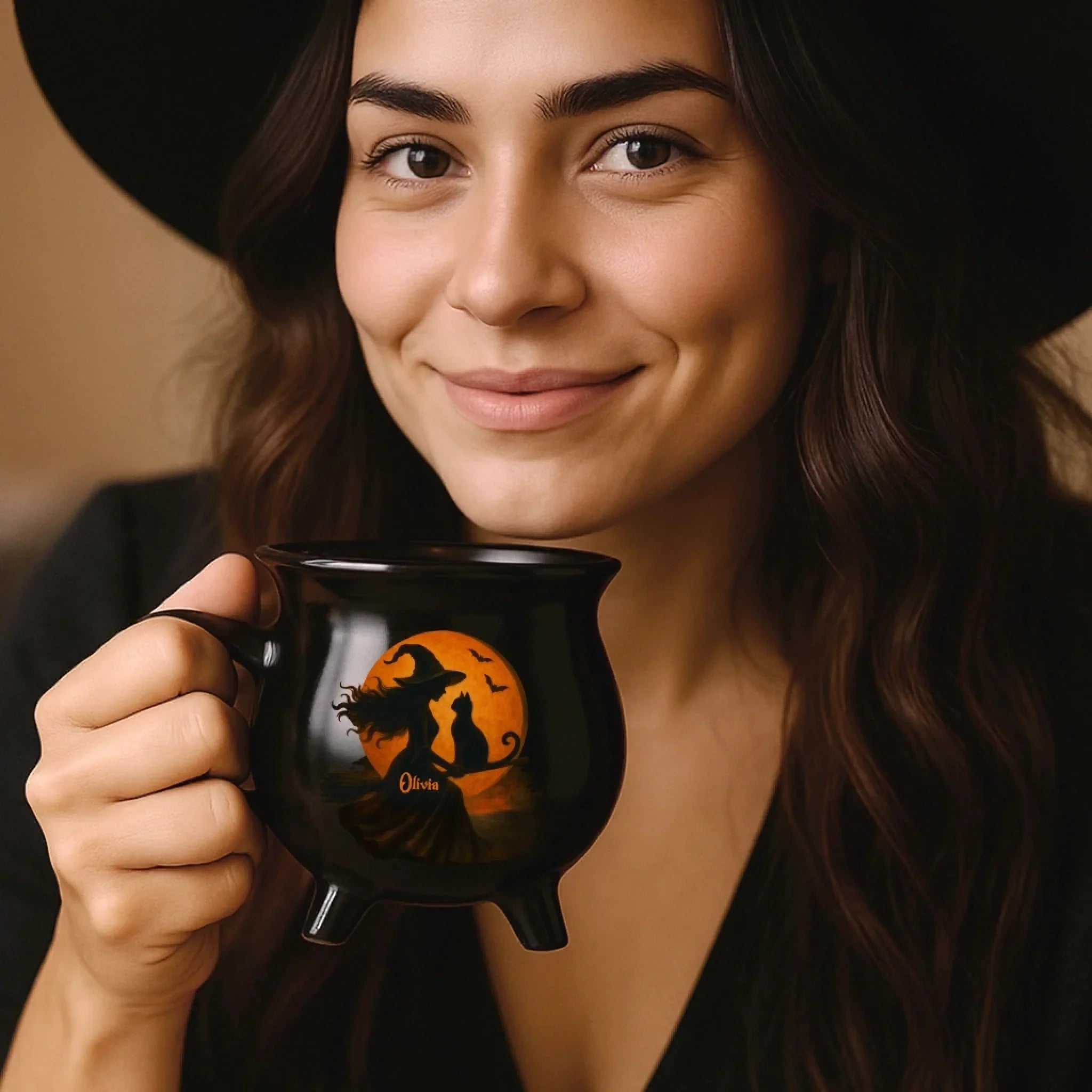 Custom 12oz Ceramic Cauldron Coffee Mug - Personalized Halloween Witchy Gifts For Besties, Sisters, BFF, Family, Yourself - Purrfectly Wicked