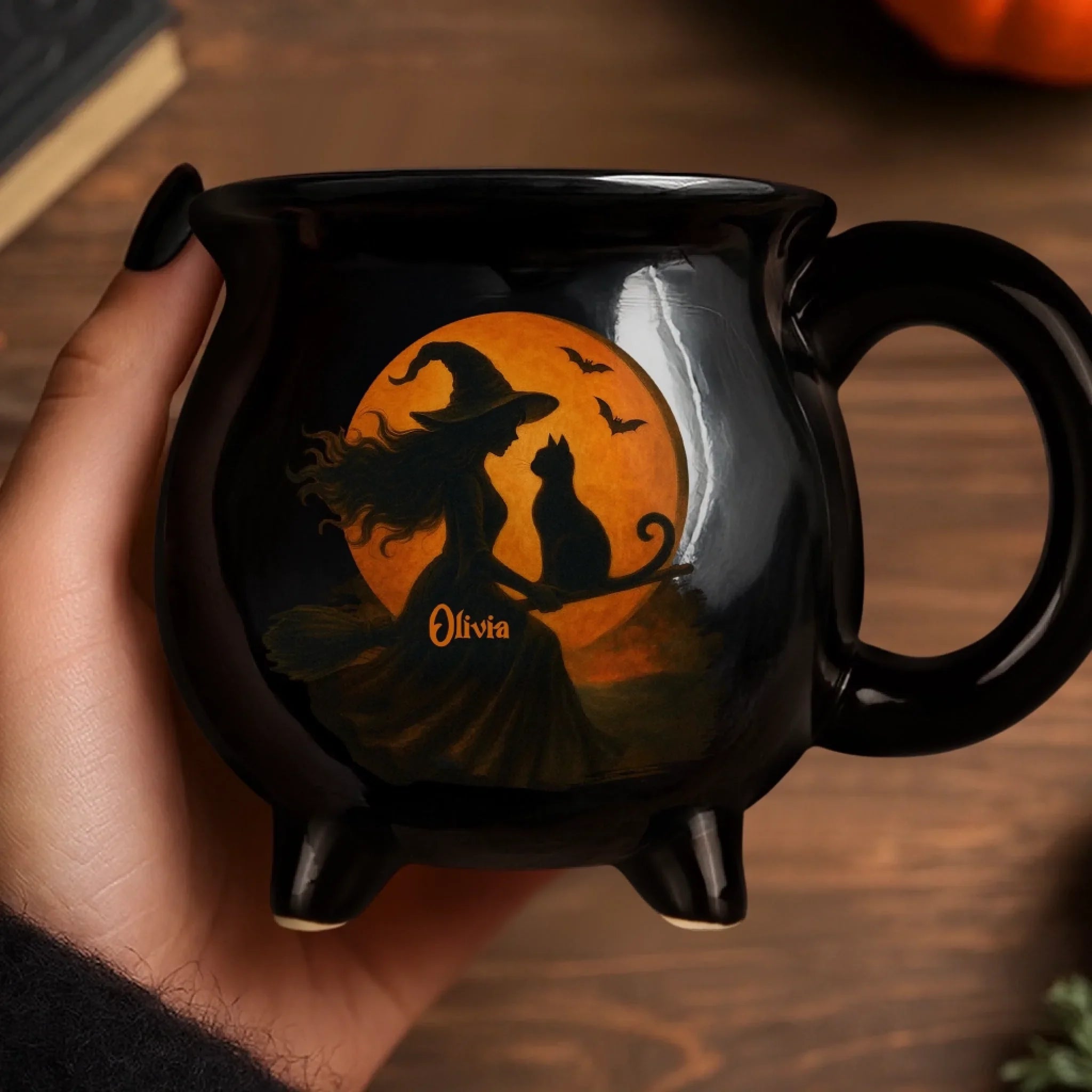Custom 12oz Ceramic Cauldron Coffee Mug - Personalized Halloween Witchy Gifts For Besties, Sisters, BFF, Family, Yourself - Purrfectly Wicked