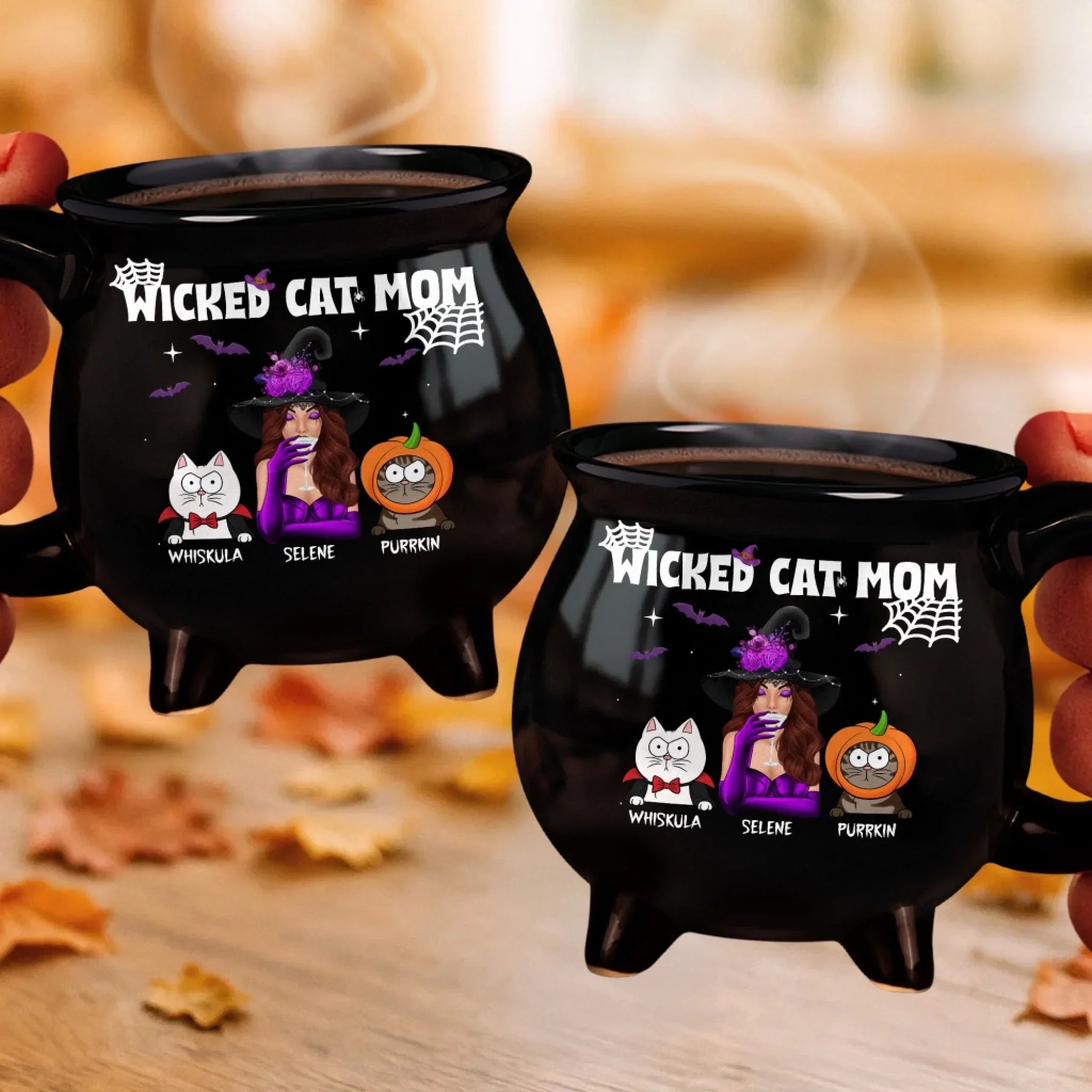 Custom 12oz Ceramic Cauldron Coffee Mug - Personalized Halloween Witchy Gifts For Cat Lovers, Cat Mom And Dad - Spooky Cat Mom