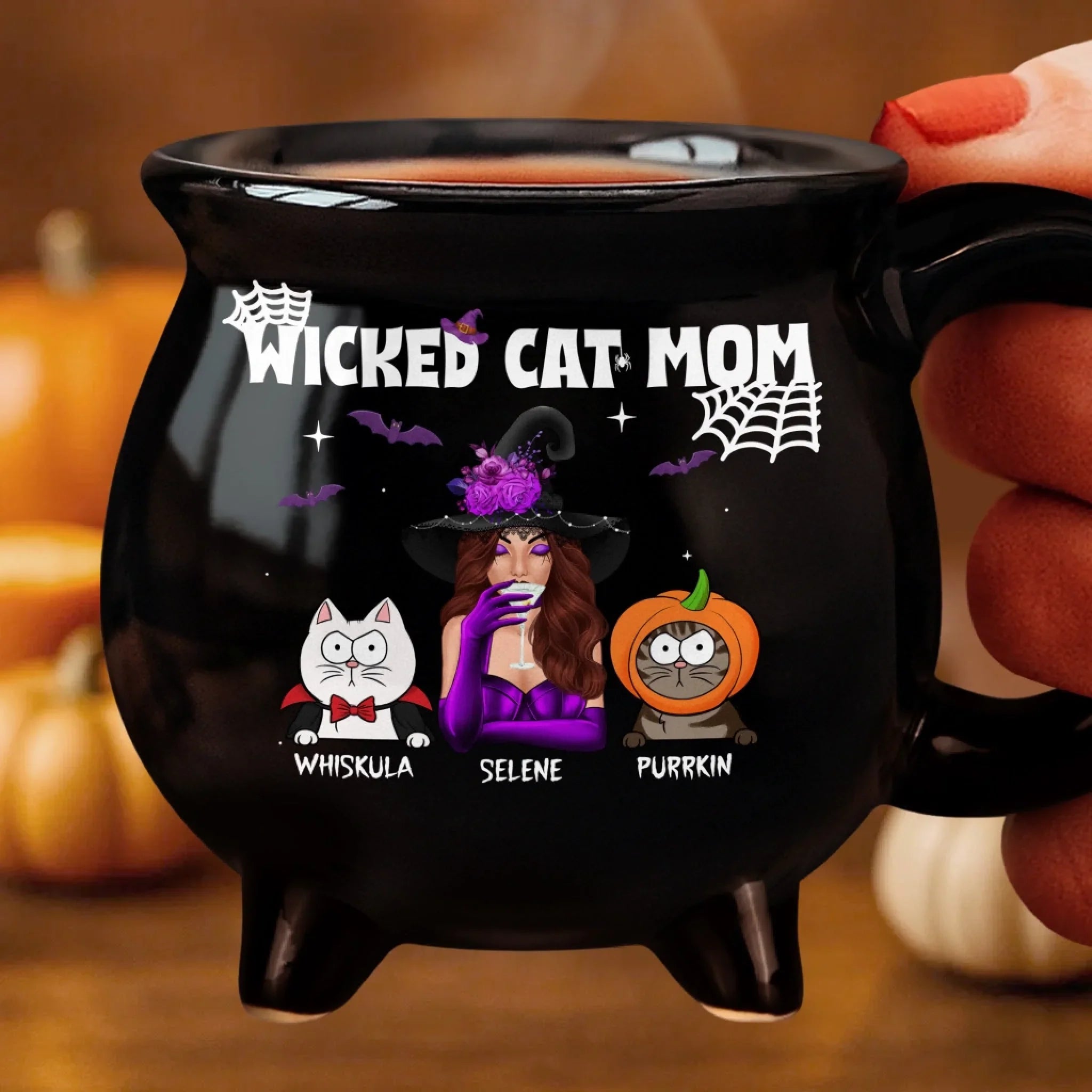 Custom 12oz Ceramic Cauldron Coffee Mug - Personalized Halloween Witchy Gifts For Cat Lovers, Cat Mom And Dad - Spooky Cat Mom