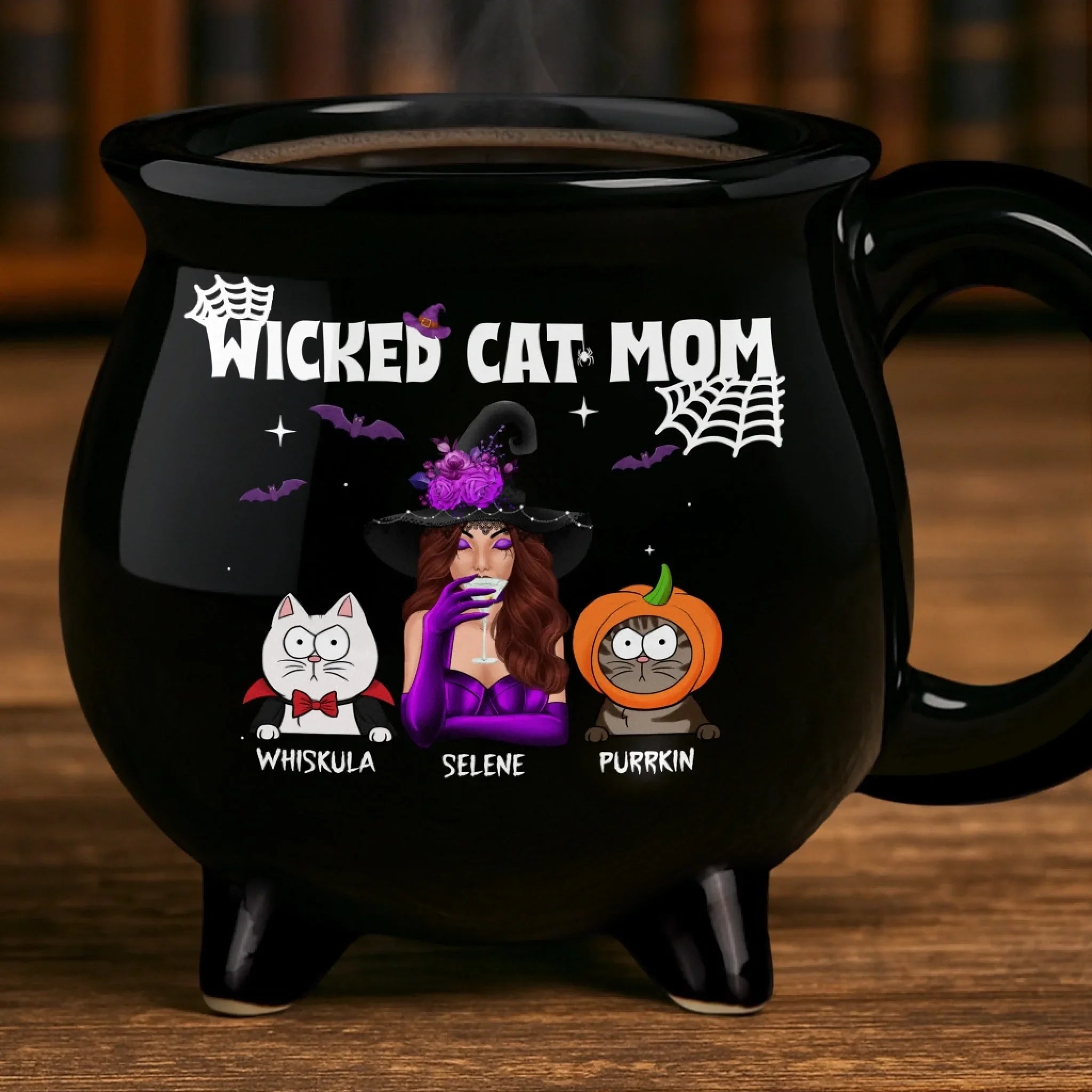 Custom 12oz Ceramic Cauldron Coffee Mug - Personalized Halloween Witchy Gifts For Cat Lovers, Cat Mom And Dad - Spooky Cat Mom