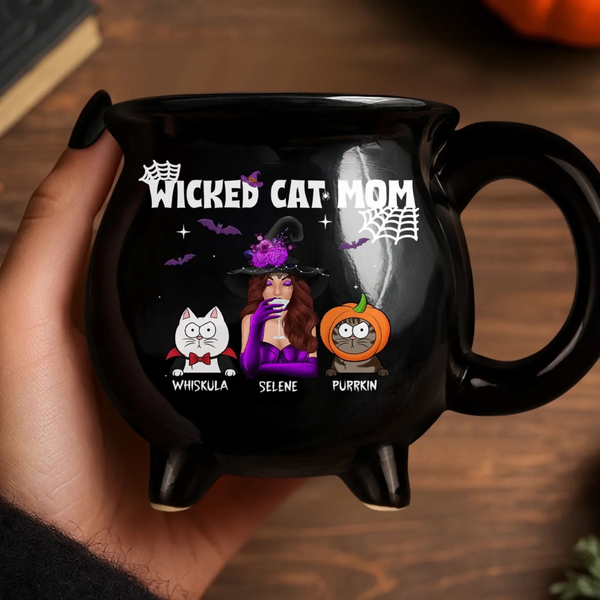 Custom 12oz Ceramic Cauldron Coffee Mug - Personalized Halloween Witchy Gifts For Cat Lovers, Cat Mom And Dad - Spooky Cat Mom