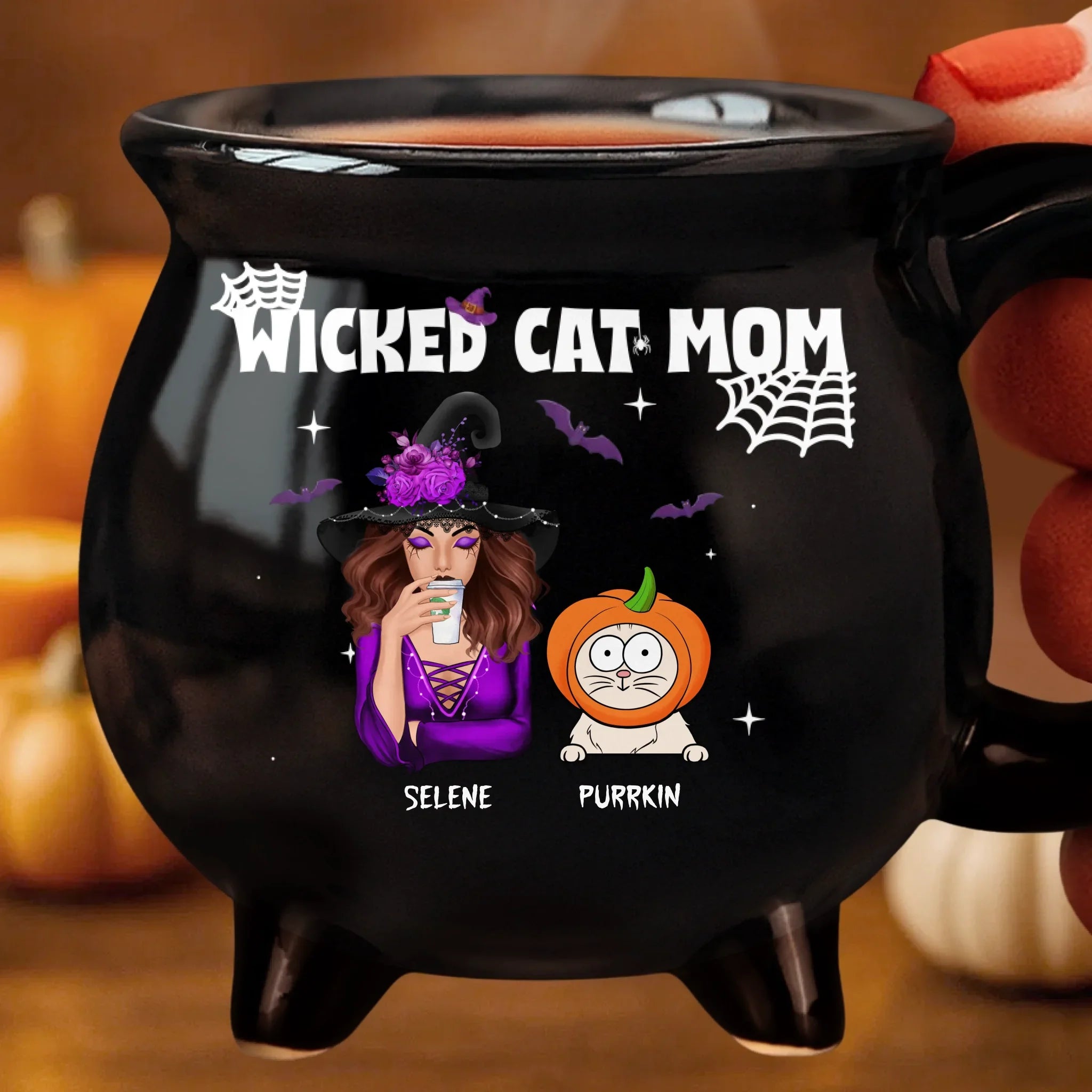 Custom 12oz Ceramic Cauldron Coffee Mug - Personalized Halloween Witchy Gifts For Cat Lovers, Cat Mom And Dad - Spooky Cat Mom