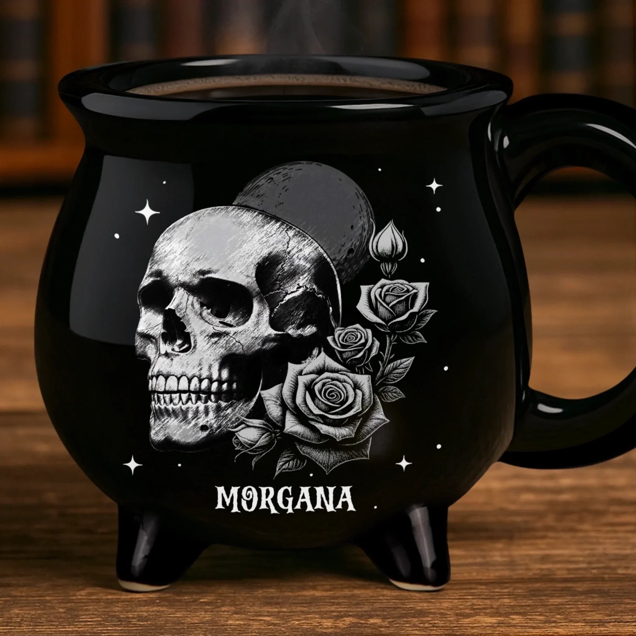 Custom 12oz Ceramic Cauldron Coffee Mug - Personalized Halloween Witchy Gifts For Besties, Sisters, BFF, Family, Yourself - Roses And Skulls,  Beauty In The Shadows