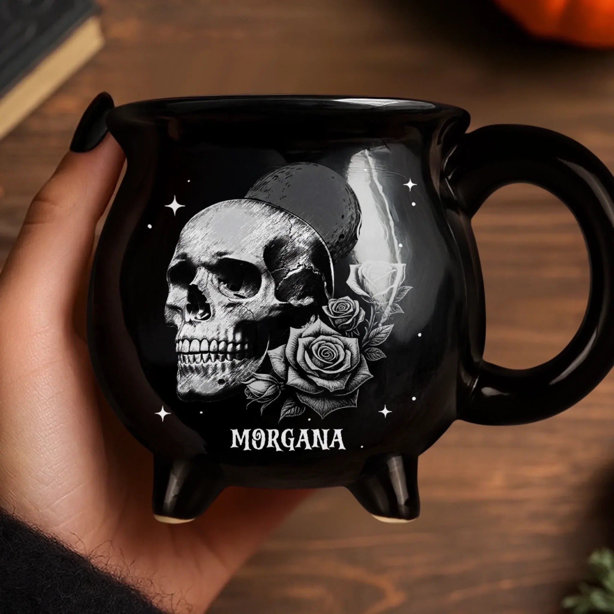 Custom 12oz Ceramic Cauldron Coffee Mug - Personalized Halloween Witchy Gifts For Besties, Sisters, BFF, Family, Yourself - Roses And Skulls,  Beauty In The Shadows