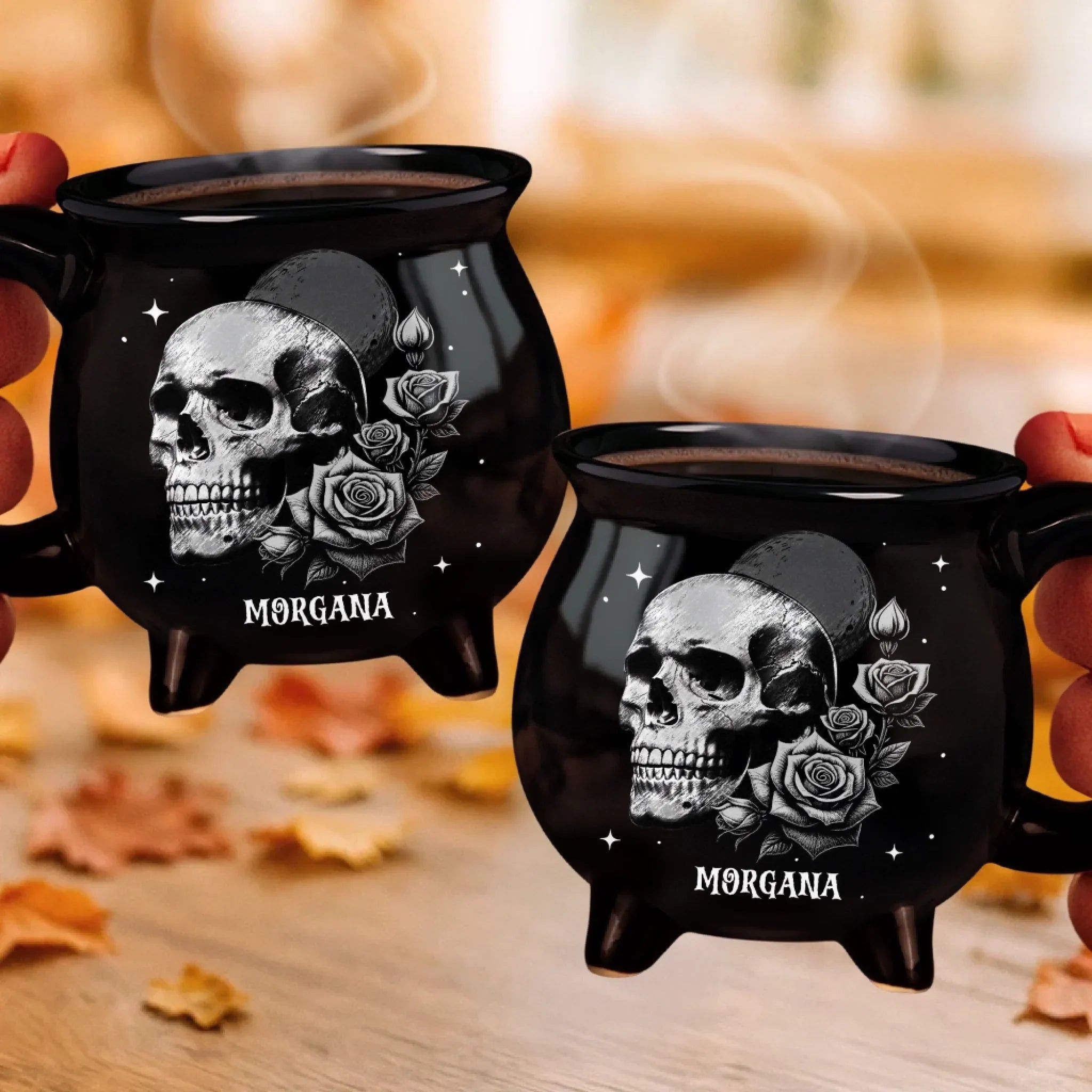 Custom 12oz Ceramic Cauldron Coffee Mug - Personalized Halloween Witchy Gifts For Besties, Sisters, BFF, Family, Yourself - Roses And Skulls,  Beauty In The Shadows