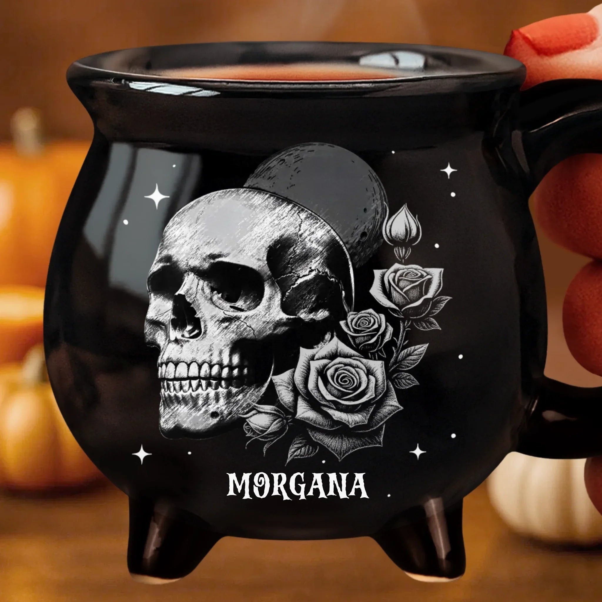 Custom 12oz Ceramic Cauldron Coffee Mug - Personalized Halloween Witchy Gifts For Besties, Sisters, BFF, Family, Yourself - Roses And Skulls,  Beauty In The Shadows