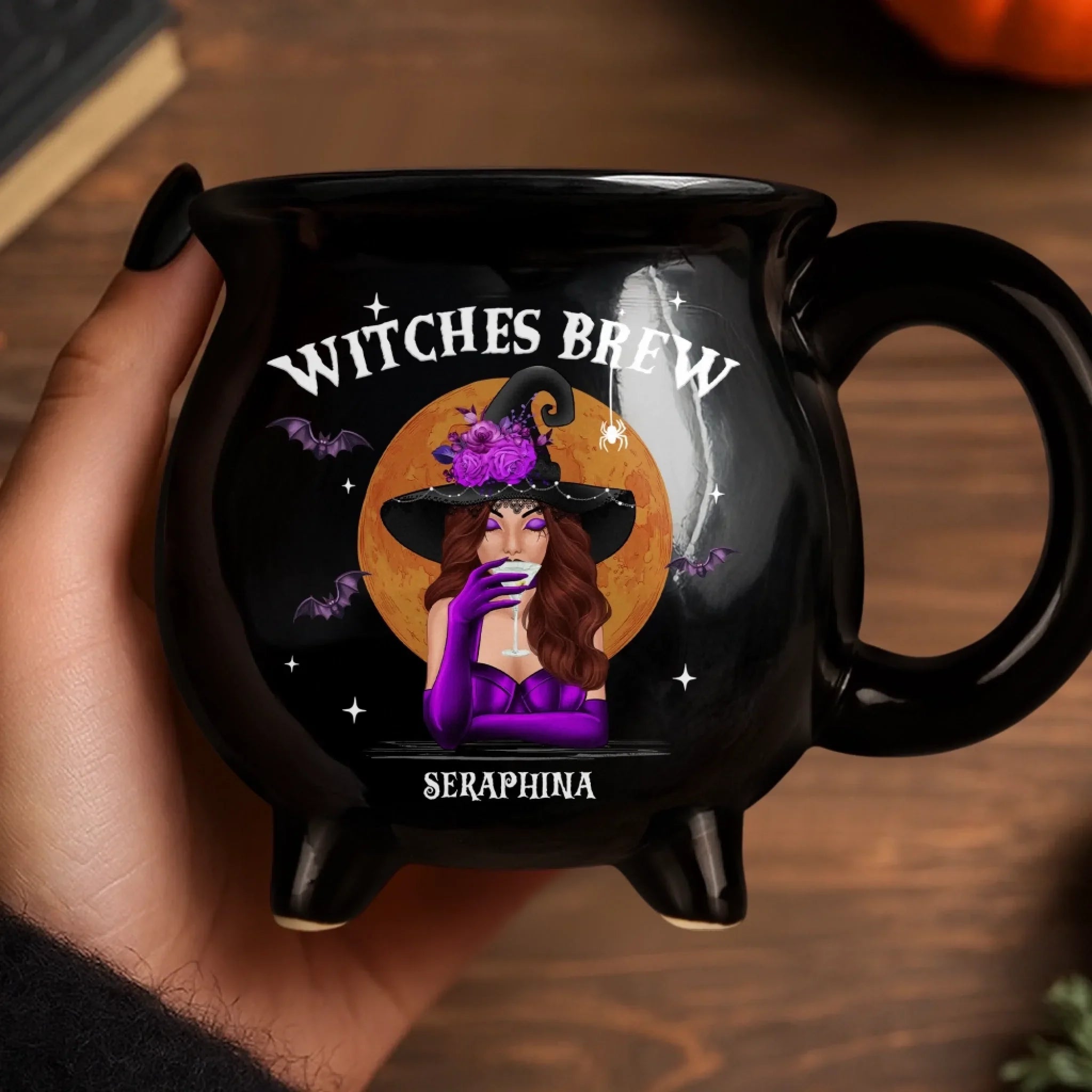 Custom 12oz Ceramic Cauldron Coffee Mug - Personalized Halloween Witchy Gifts For Besties, Sisters, BFF, Family, Yourself - She Drinks Like A Queen, But Hexes Like A Goddess