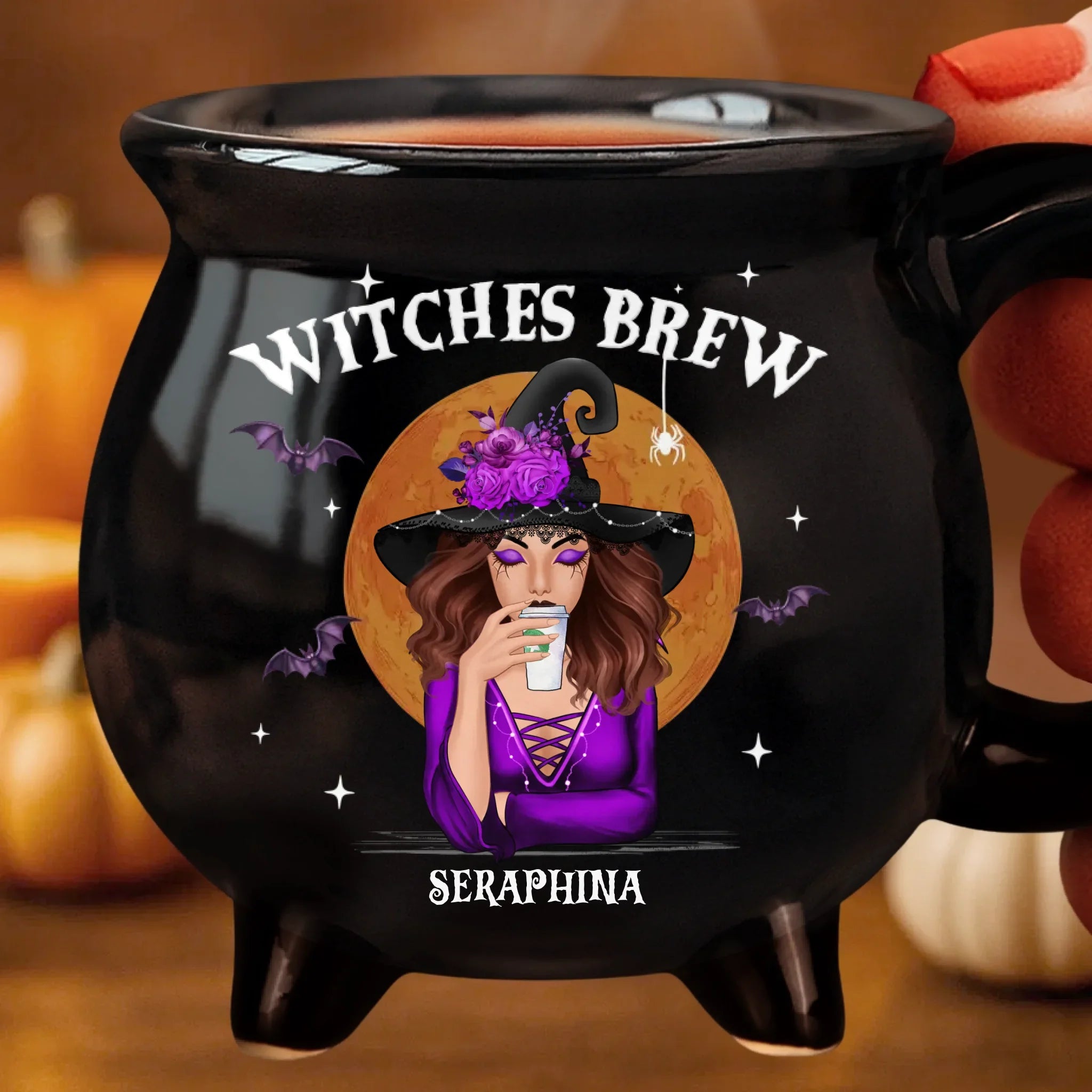 Custom 12oz Ceramic Cauldron Coffee Mug - Personalized Halloween Witchy Gifts For Besties, Sisters, BFF, Family, Yourself - She Drinks Like A Queen, But Hexes Like A Goddess