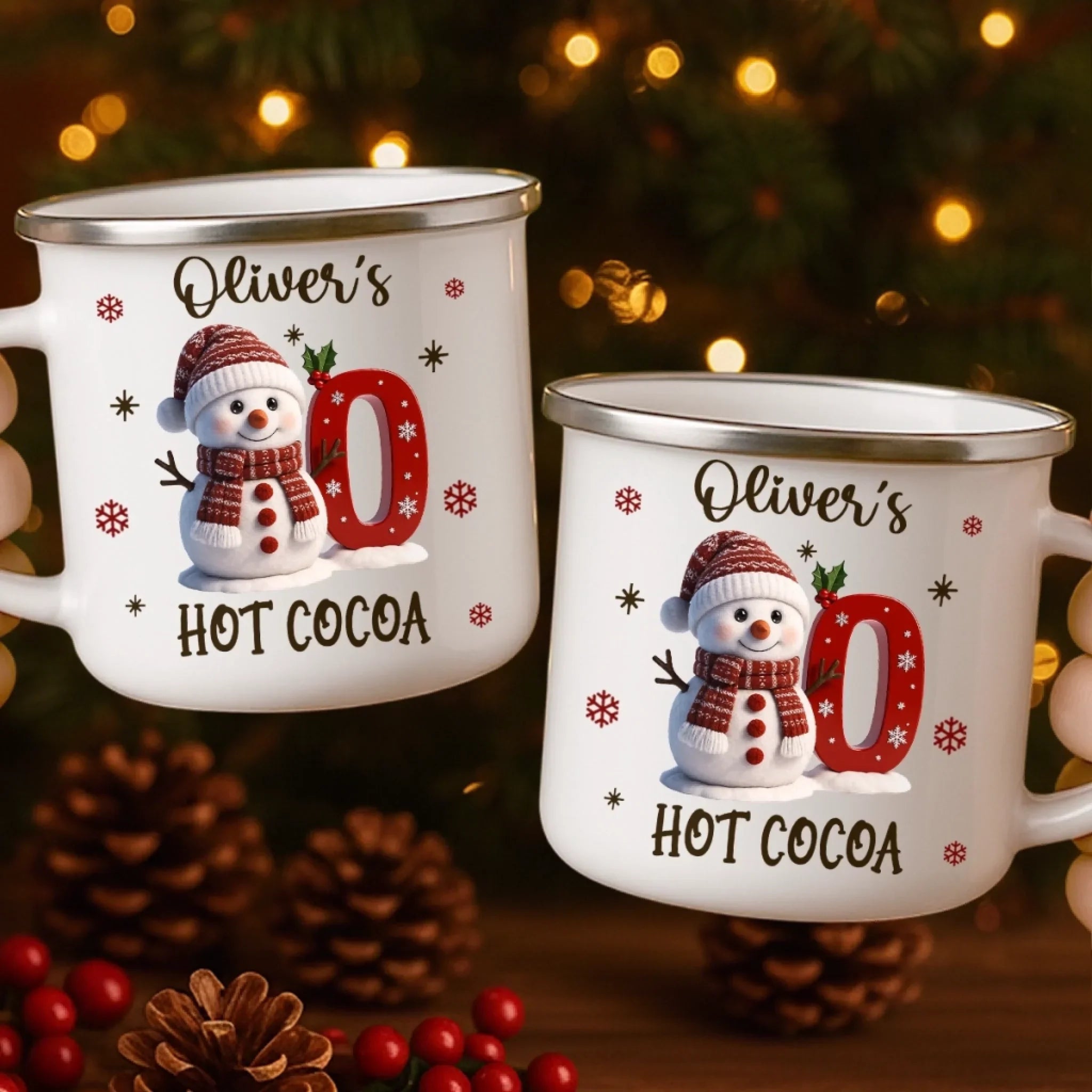 Custom Snowman Enamel Camping Mug - Personalized Christmas Birthday Gifts For Kids - Tiny Laughs Fill The Holiday Air