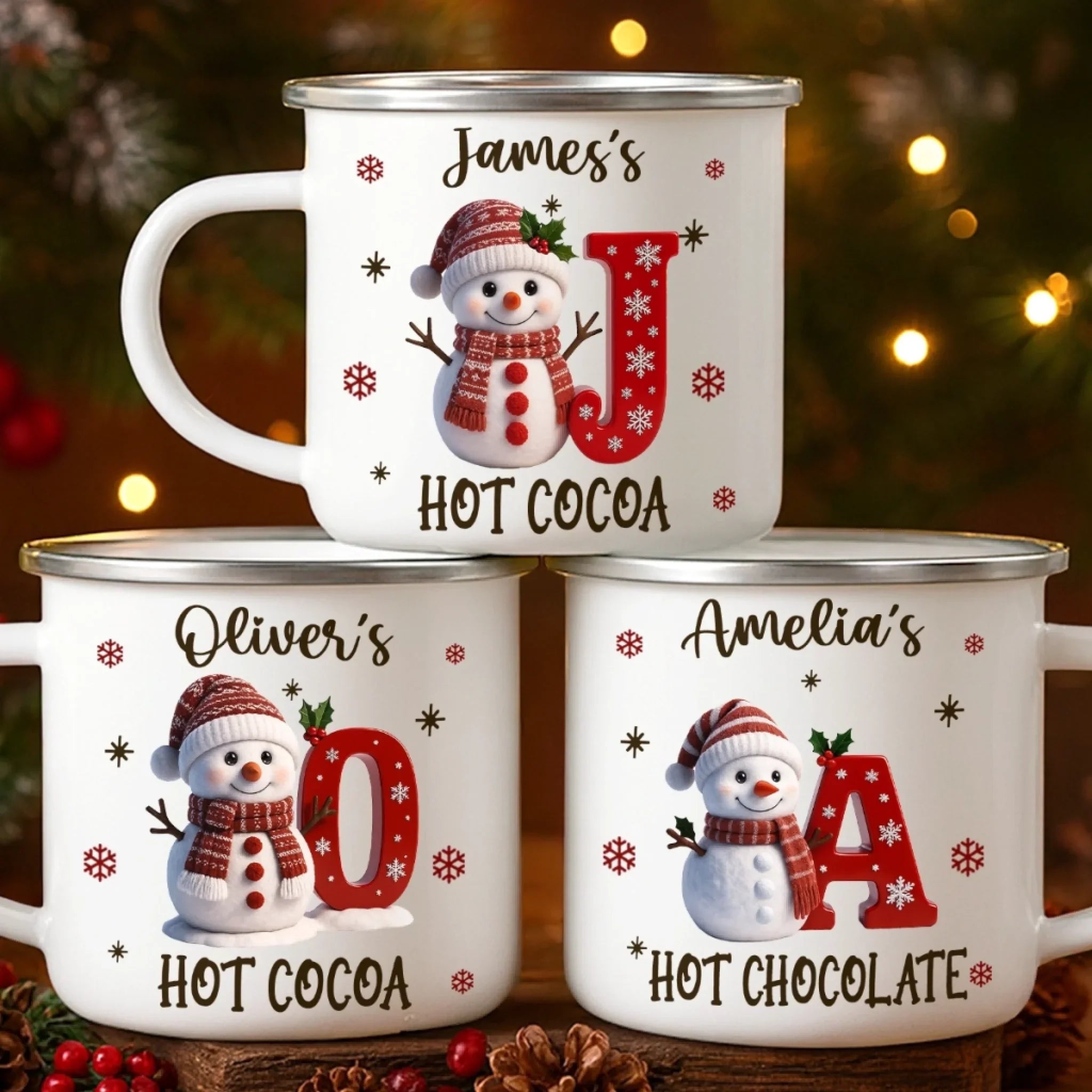 Custom Snowman Enamel Camping Mug - Personalized Christmas Birthday Gifts For Kids - Tiny Laughs Fill The Holiday Air