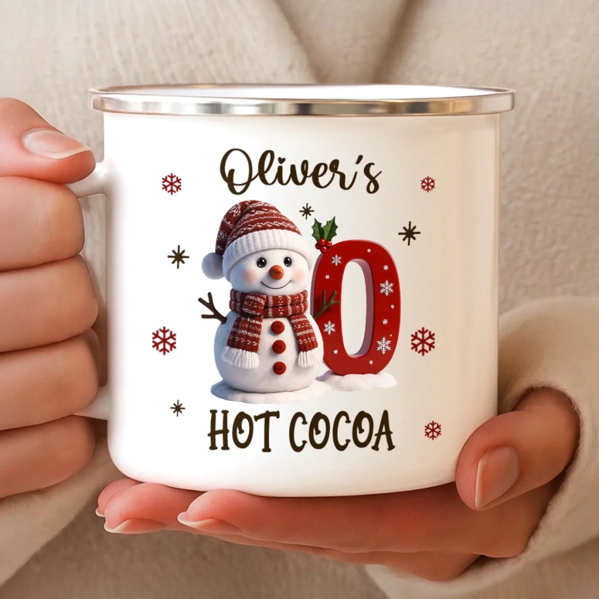 Custom Snowman Enamel Camping Mug - Personalized Christmas Birthday Gifts For Kids - Tiny Laughs Fill The Holiday Air