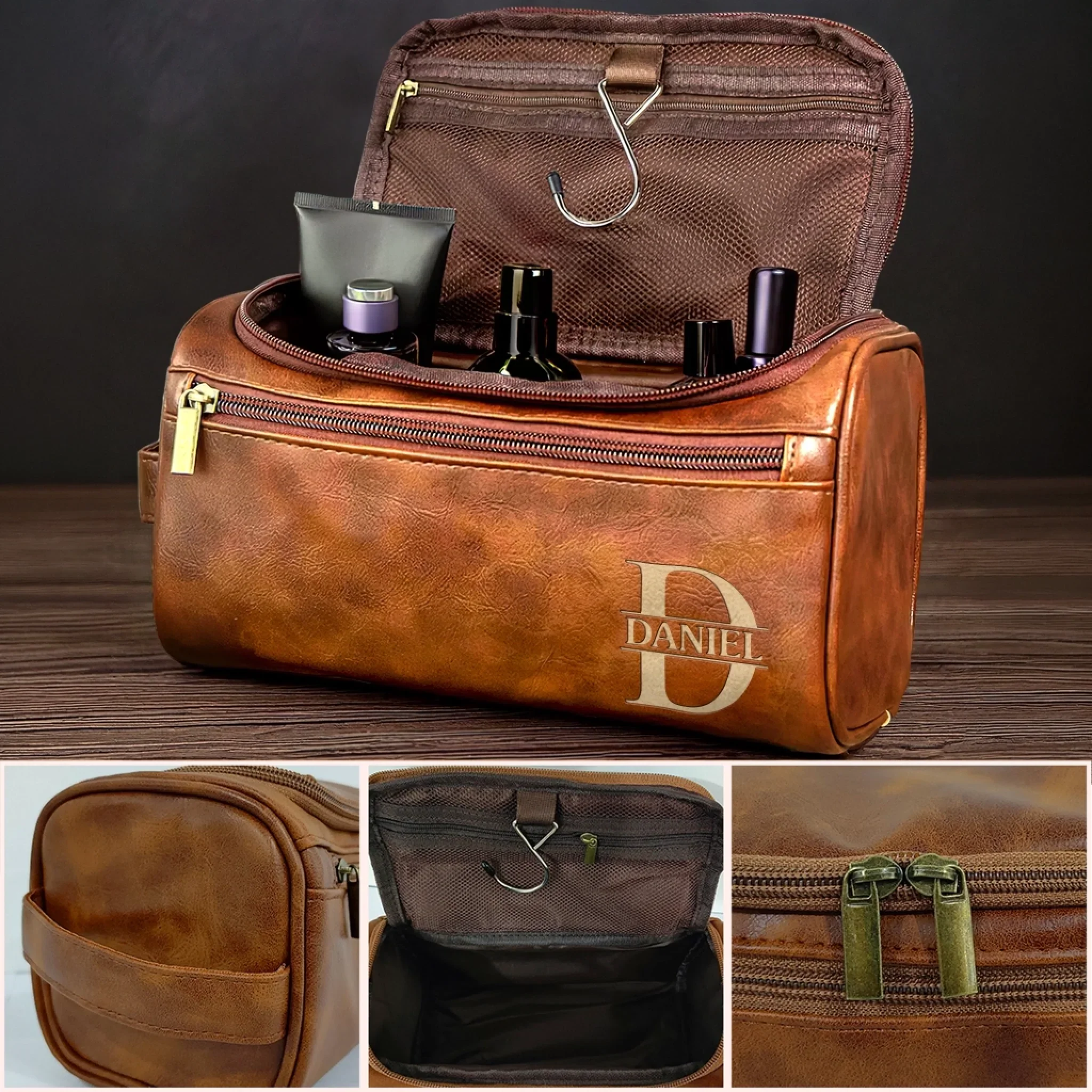 Custom Engraved Leather Toiletry Bag - Personalized Birthday Gifts For Dad, Brother, Grandpa, Husband - For The Man Who’s Always On The Move