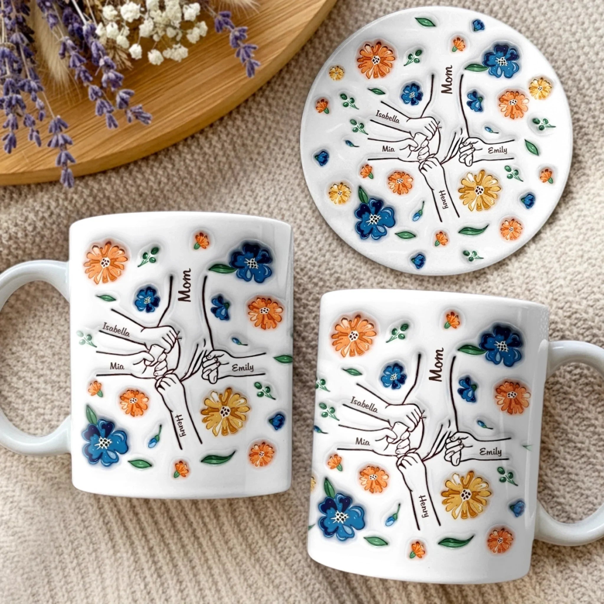 Custom 3D Inflated Effect Printed Mug And Coaster Set - Personalized Mother's Day Birthday Gifts For Mom, Grandma - Her Love, Forever In Our Hands